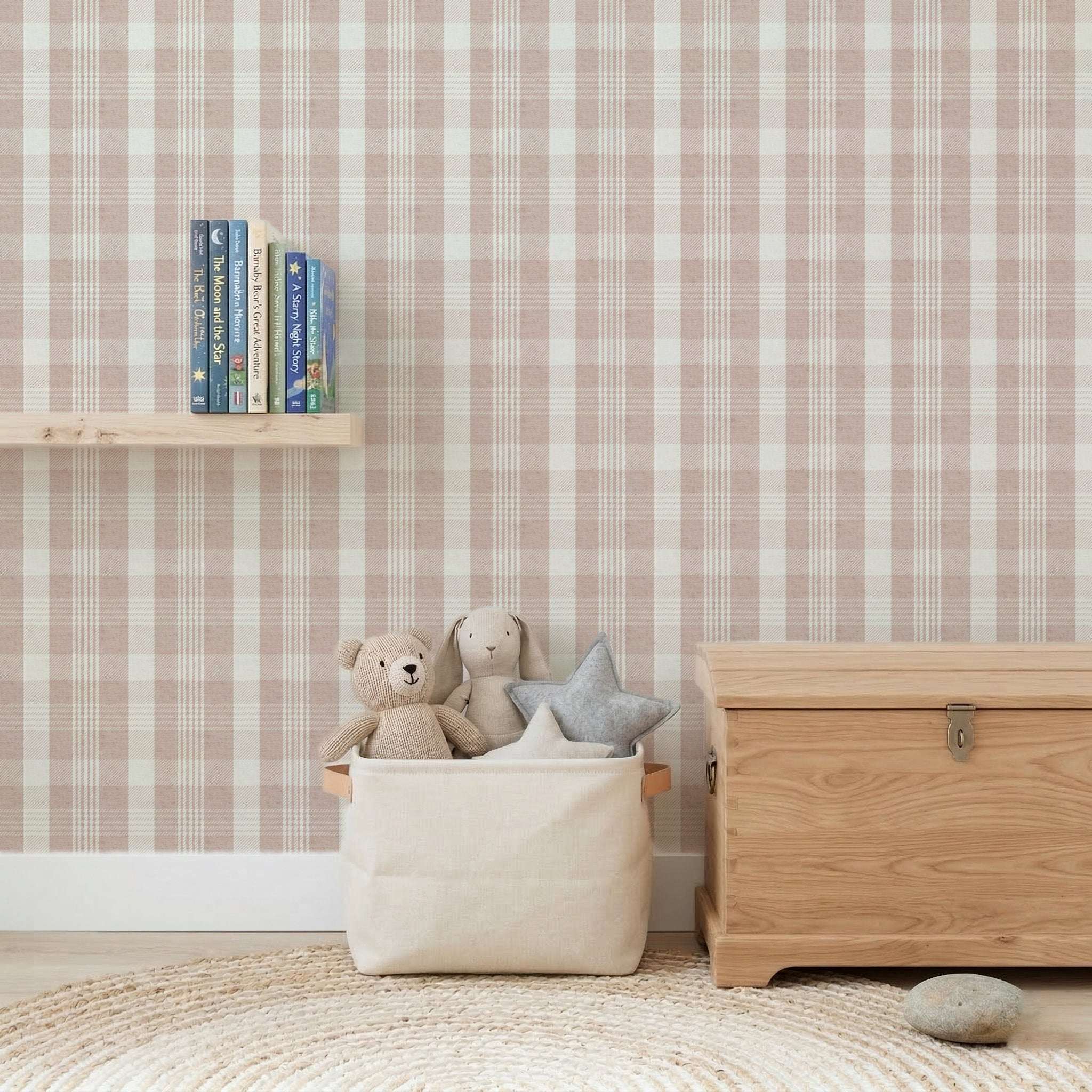 Pastel Plaid wallpaper with soft check and tartan pattern in blush pink and cream