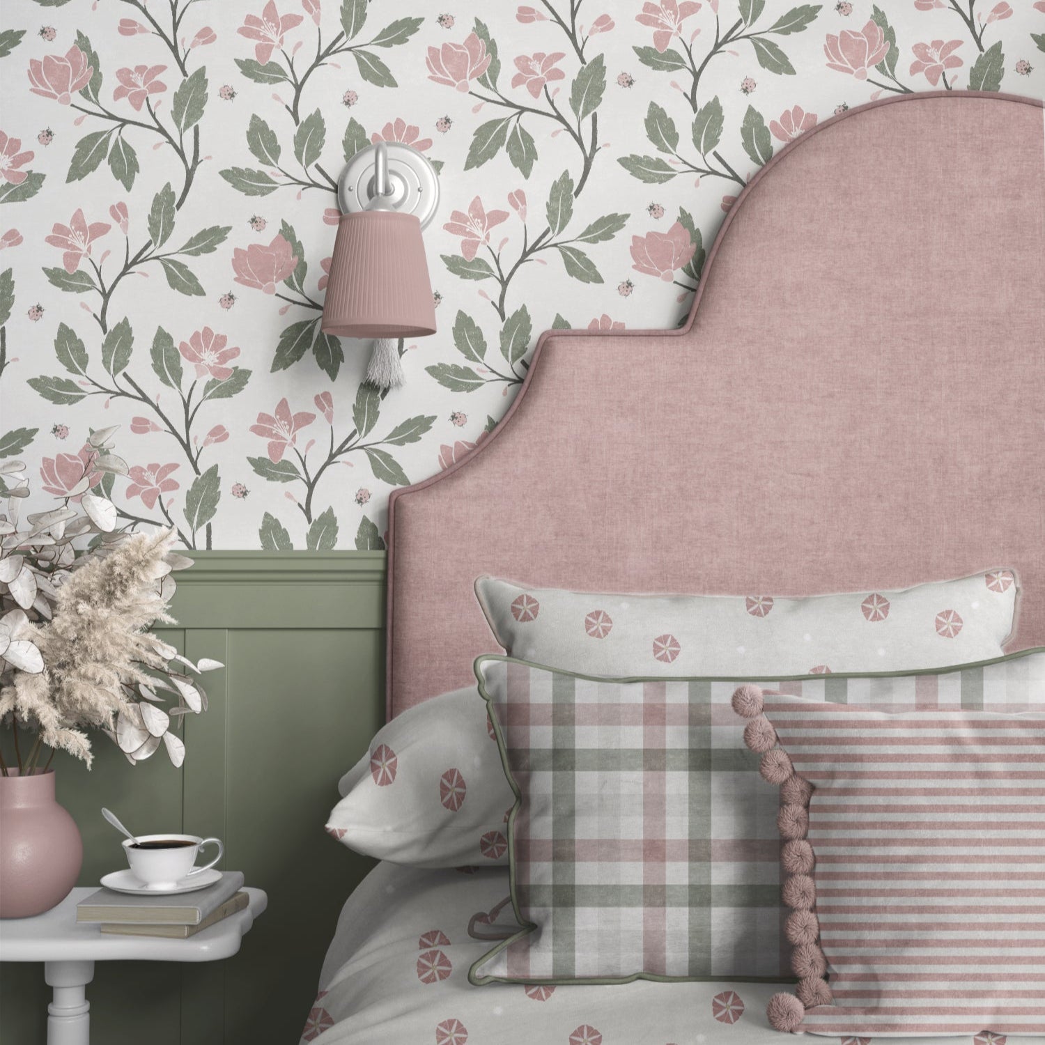 how to style cosy english country decor with floral wallpaper and patterned cushions in a soothing bedroom setting.