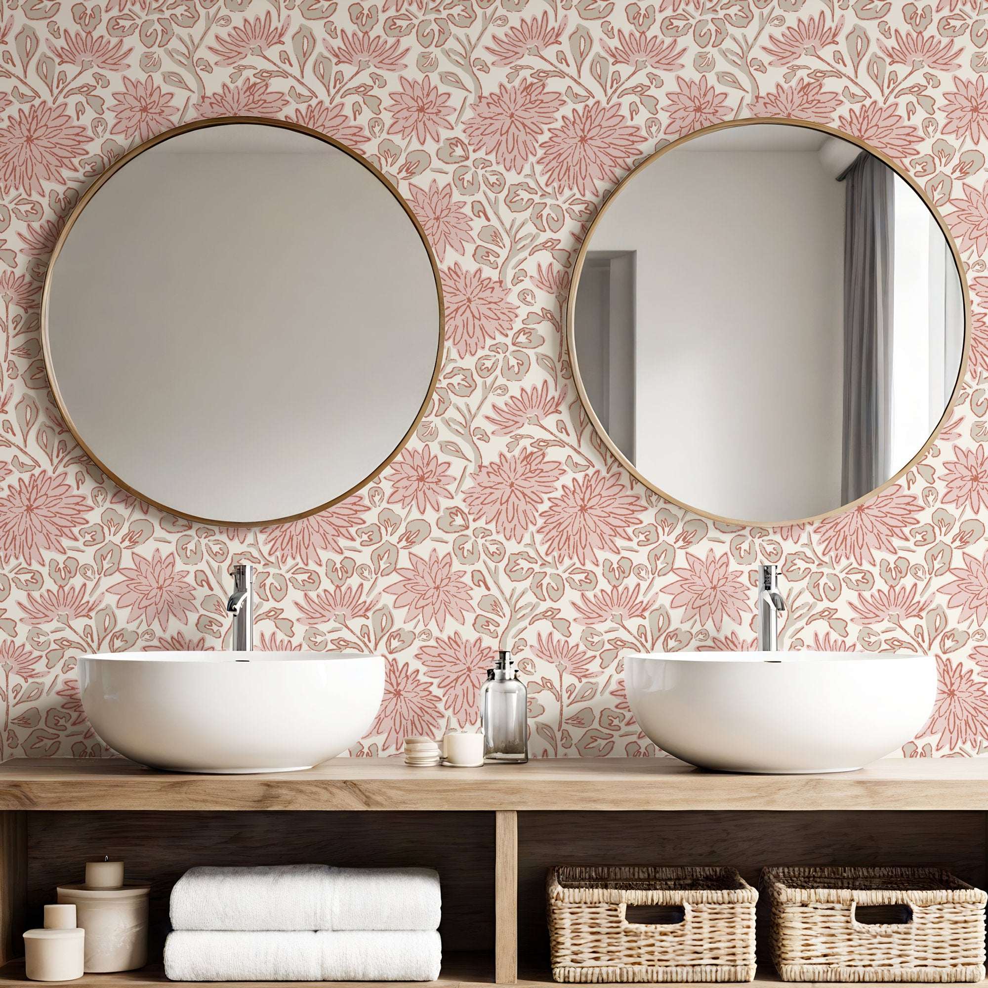 Floral wallpaper ideas featuring a pink sketchy dahlia flower wallpaper behind twin mirrors and his and her sink