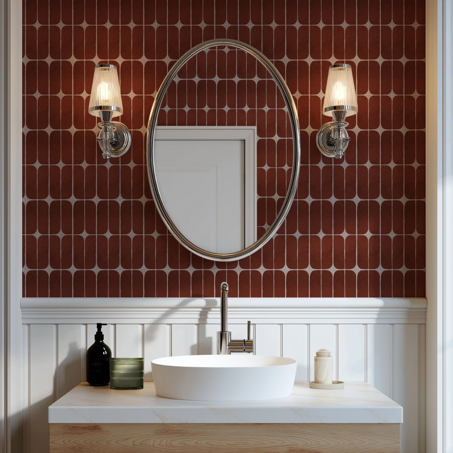 Bathroom featuring Traditional Wallpaper vs Peel & Stick design with a modern sink and elegant lighting.