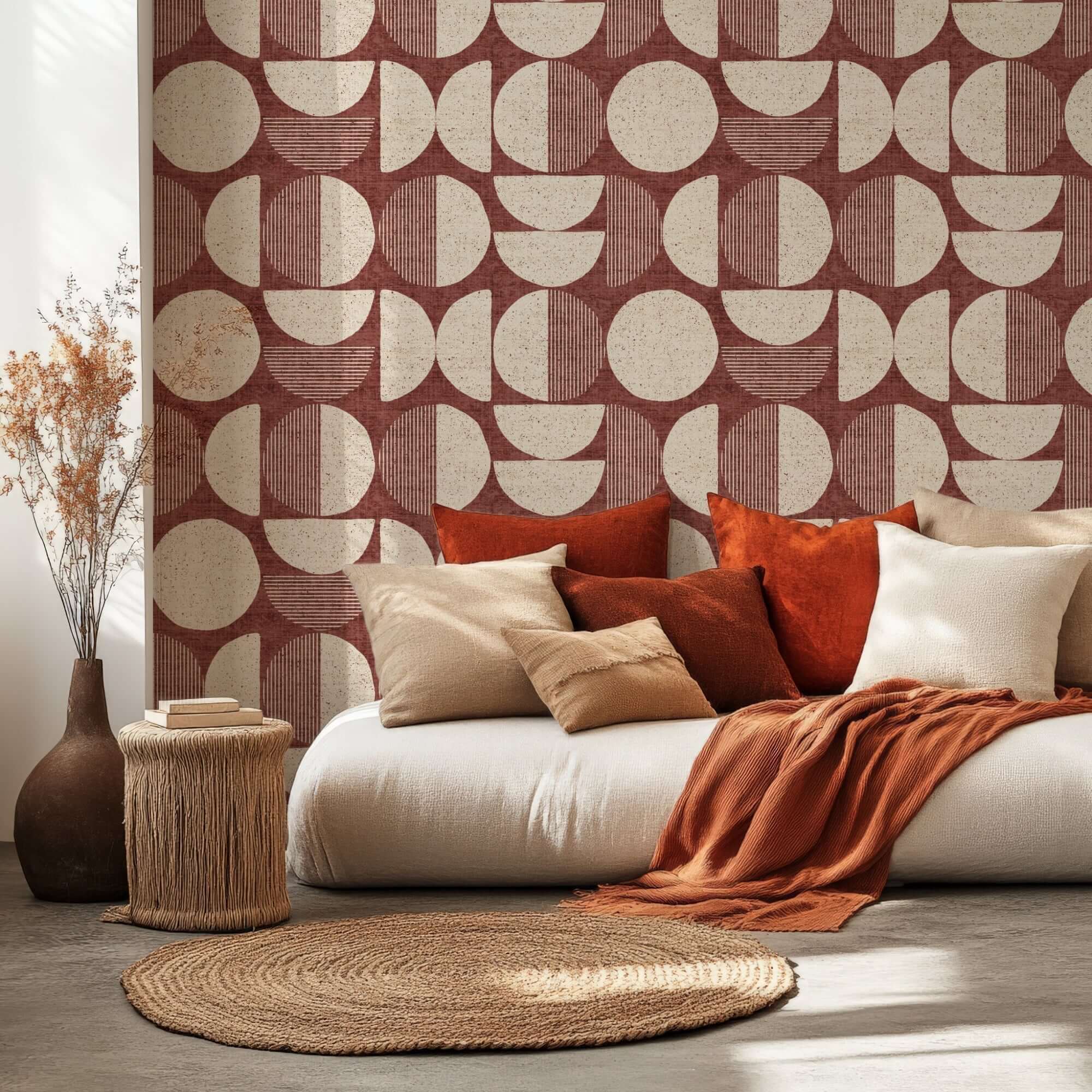 Terracotta Geometric Wallpaper in a Midcentury Modern Living room with a cream sofa and rust throw pillows