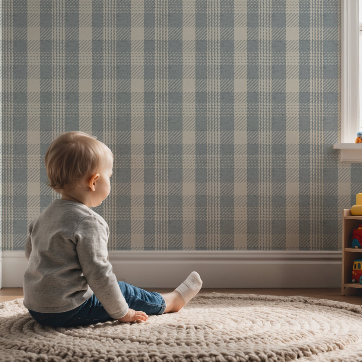 Blue plaid wallpaper in a nursery with toddler sitting on a round rug and wooden toy shelf.