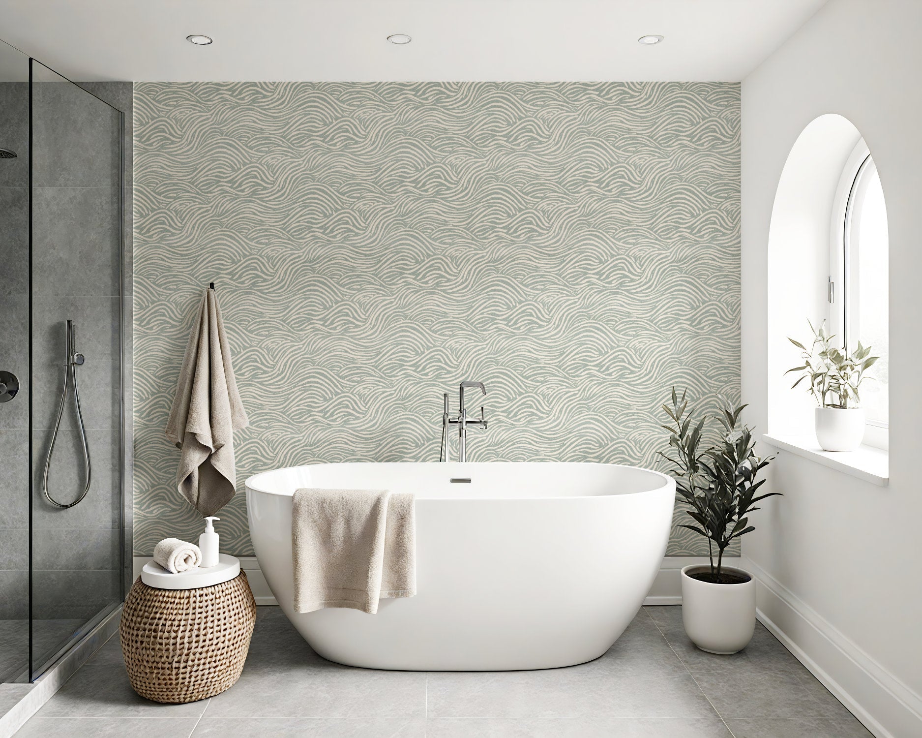 sage green coastal wallpaper in a bathroom with a shower and stand alone bath