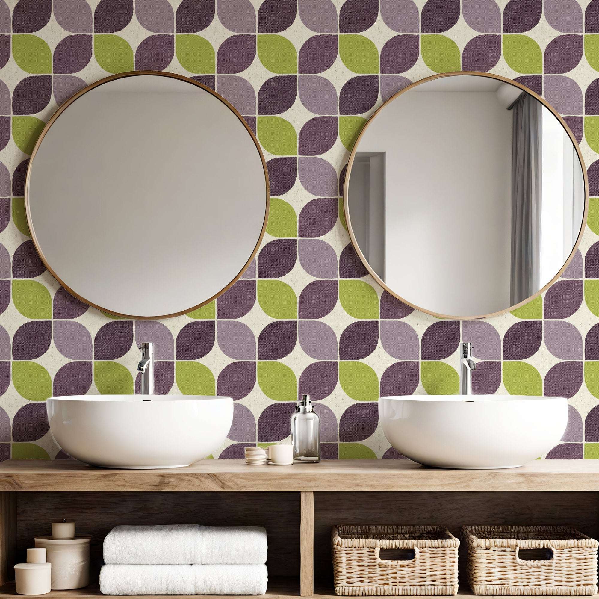 Retro square wallpaper in plum and green, curved leaf-and-square geometric motif, on a bathroom wall.