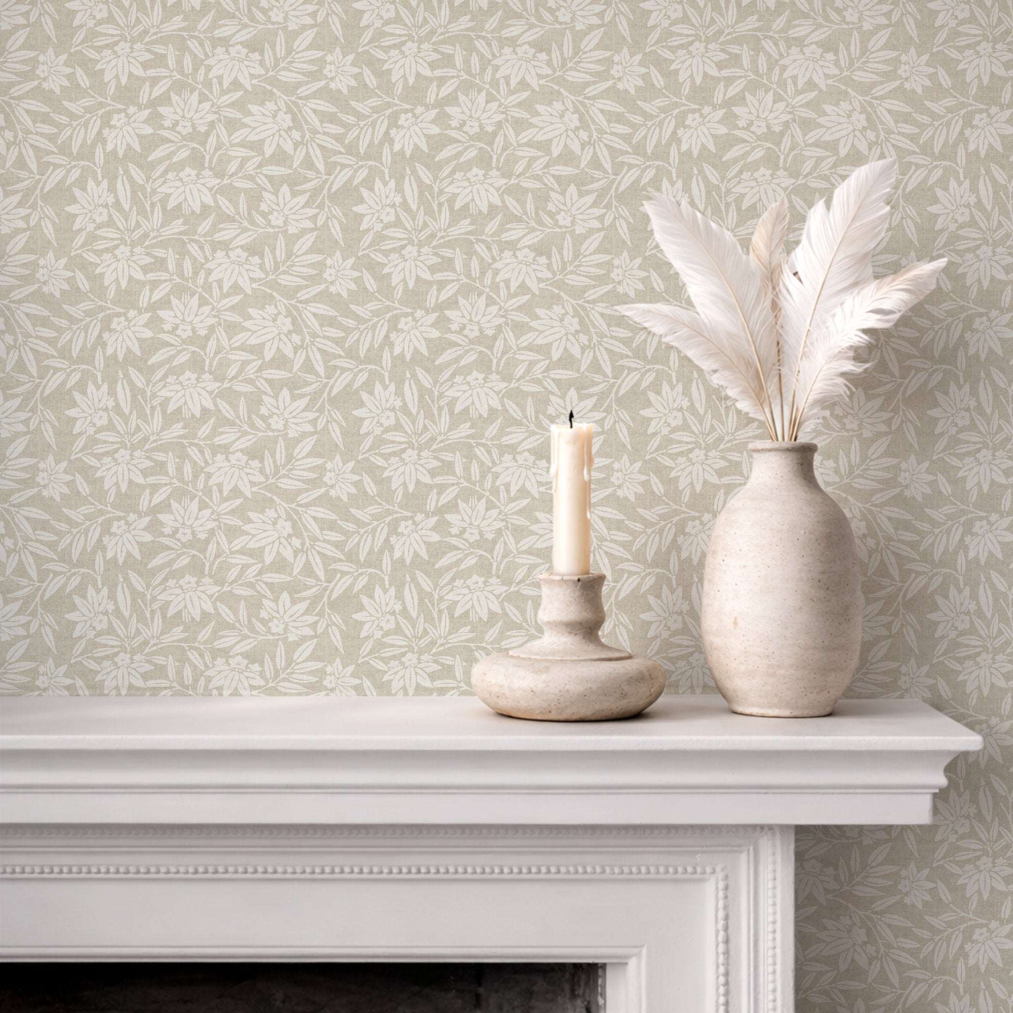 Neutral japandi botanical wallpaper, tone-on-tone cream lotus pattern on a fireplace wall