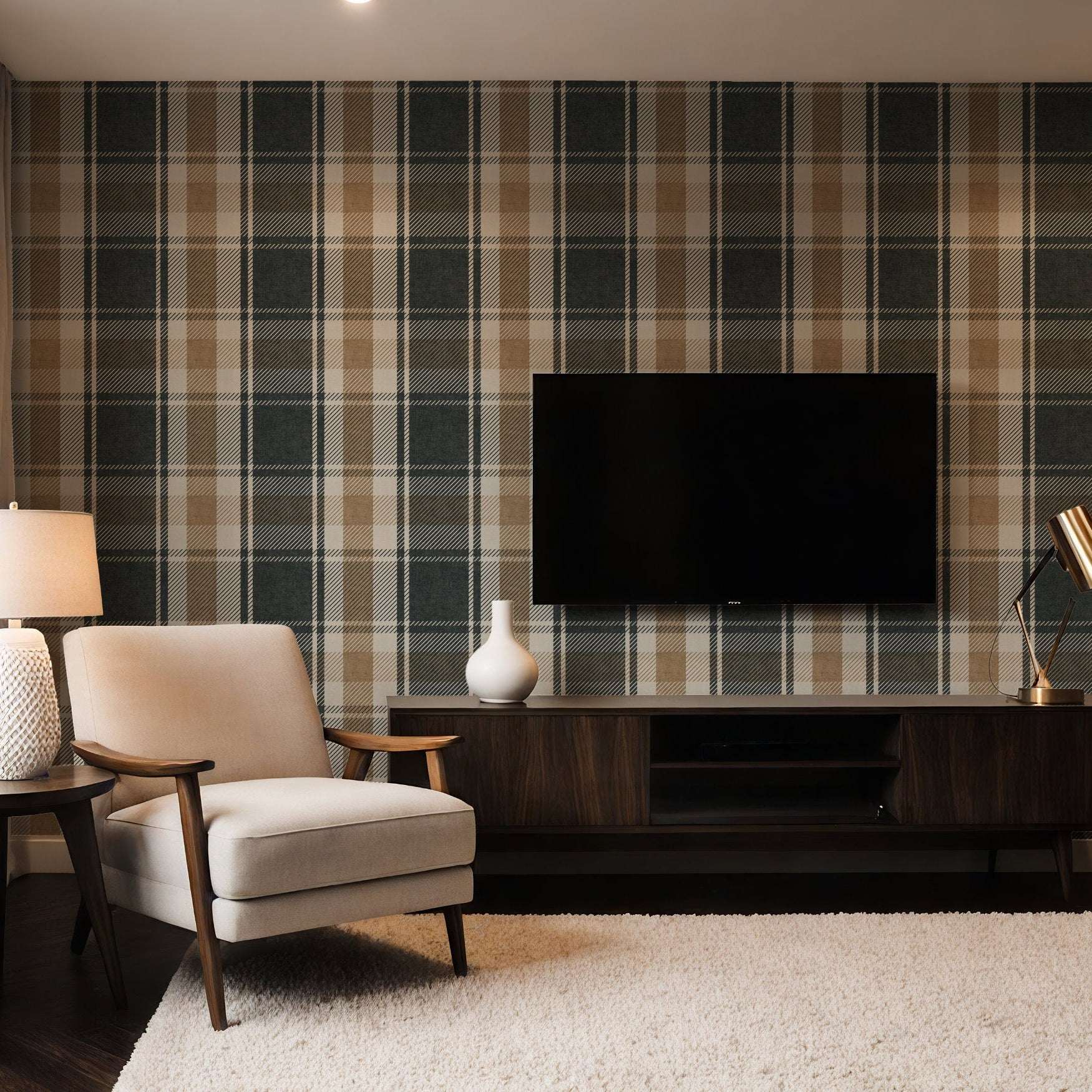 rustic plaid wallpaper with dark navy and brown stripes over tan and cream blocks