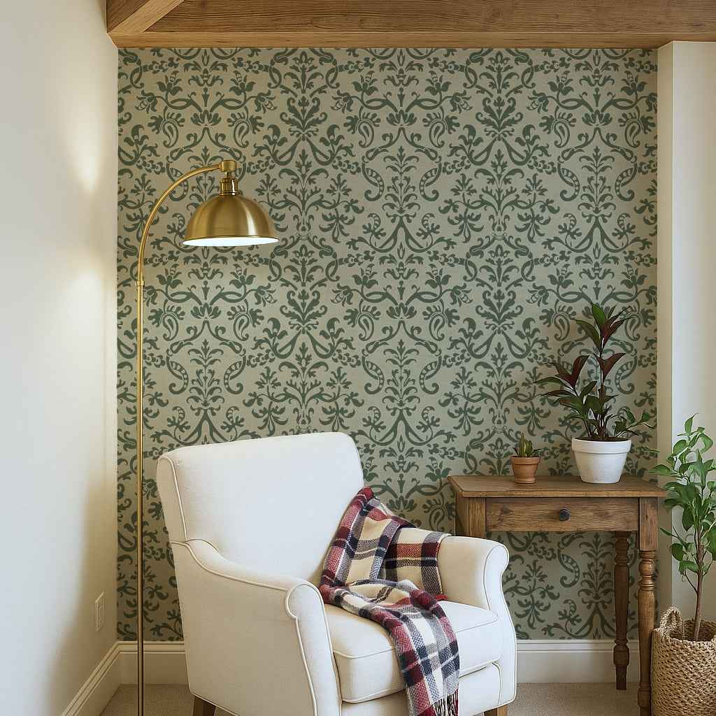 Green victorian damask historical wallpaper in a cosy living room with armchair, wooden side table, and potted plants.