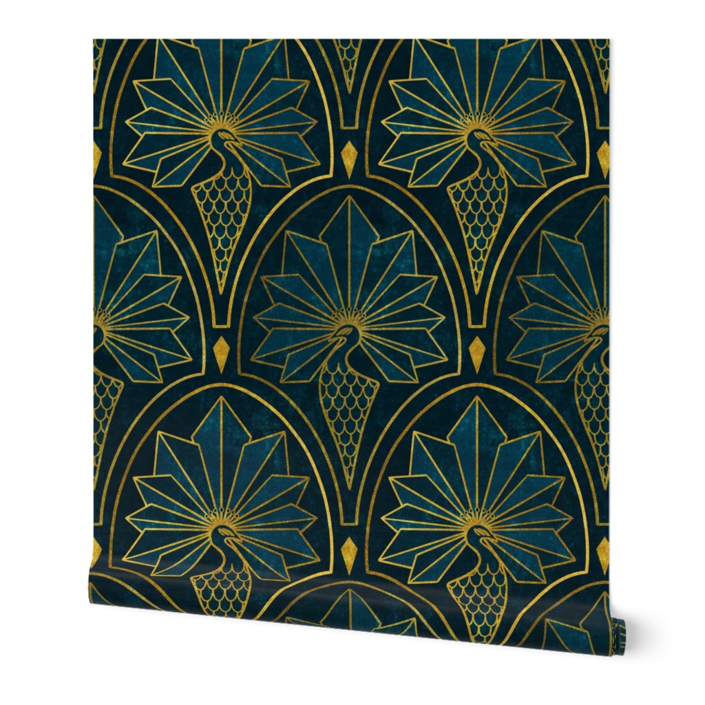 Art Deco Peacock Wallpaper: Gatsby 1920s Vintage Glam. Gold & Silver Luxe Design in Teal, Pink, Blue, Charcoal