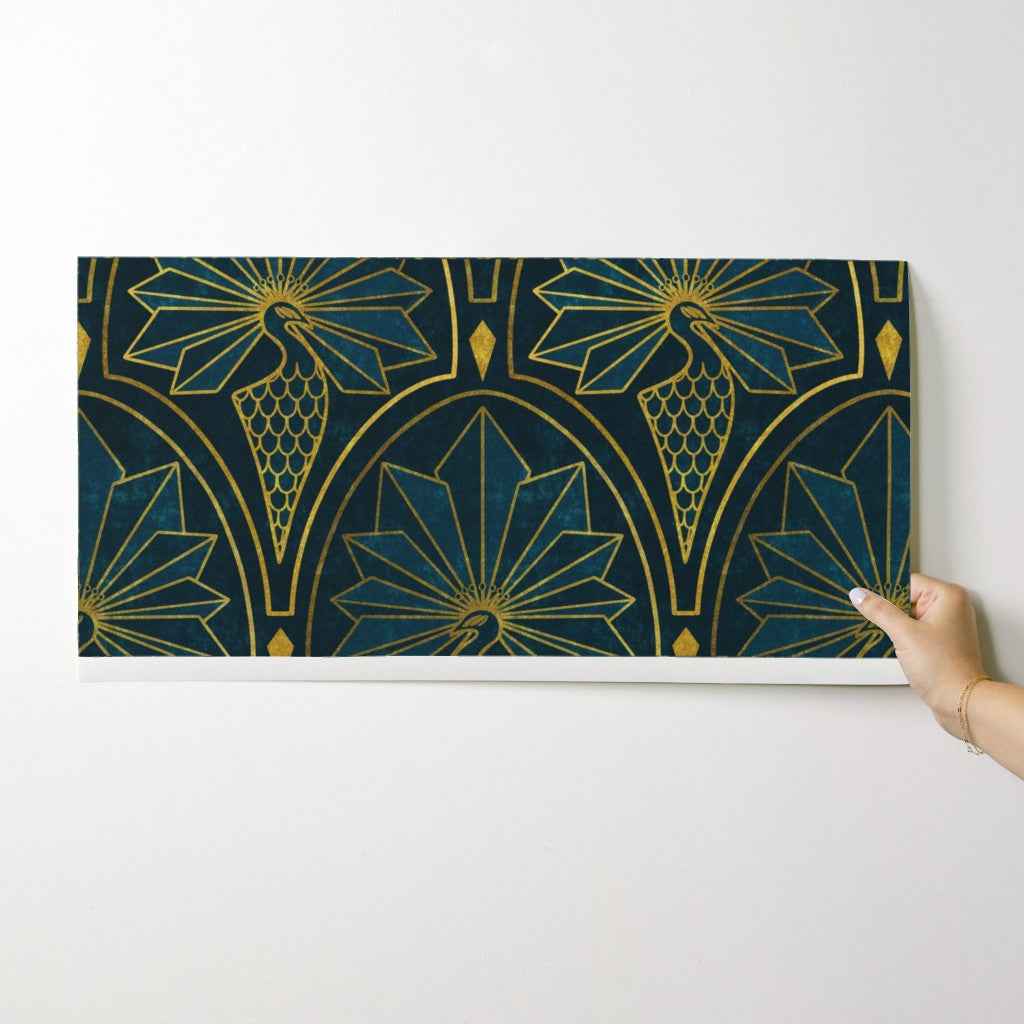 Art Deco Peacock Wallpaper: Gatsby 1920s Vintage Glam. Gold & Silver Luxe Design in Teal, Pink, Blue, Charcoal
