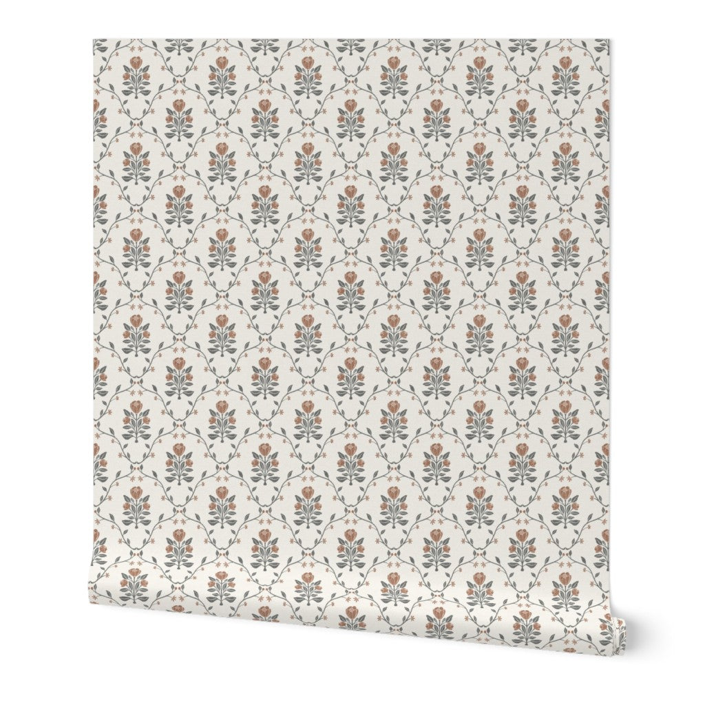 Cottagecore Floral Wallpaper - Vintage Tulip Botanical Design in Dusty Pink & Mustard