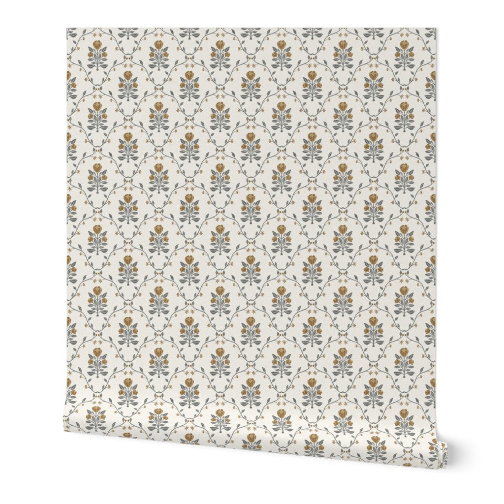 Cottagecore Floral Wallpaper - Vintage Tulip Botanical Design in Dusty Pink & Mustard