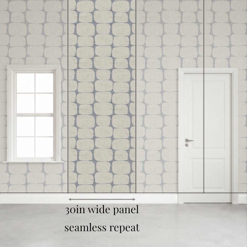 Diagram of vertical wallpaper panels matching across a wall with a window and door. Shows why to measure a full rectangle to maintain pattern continuity around obstacles.