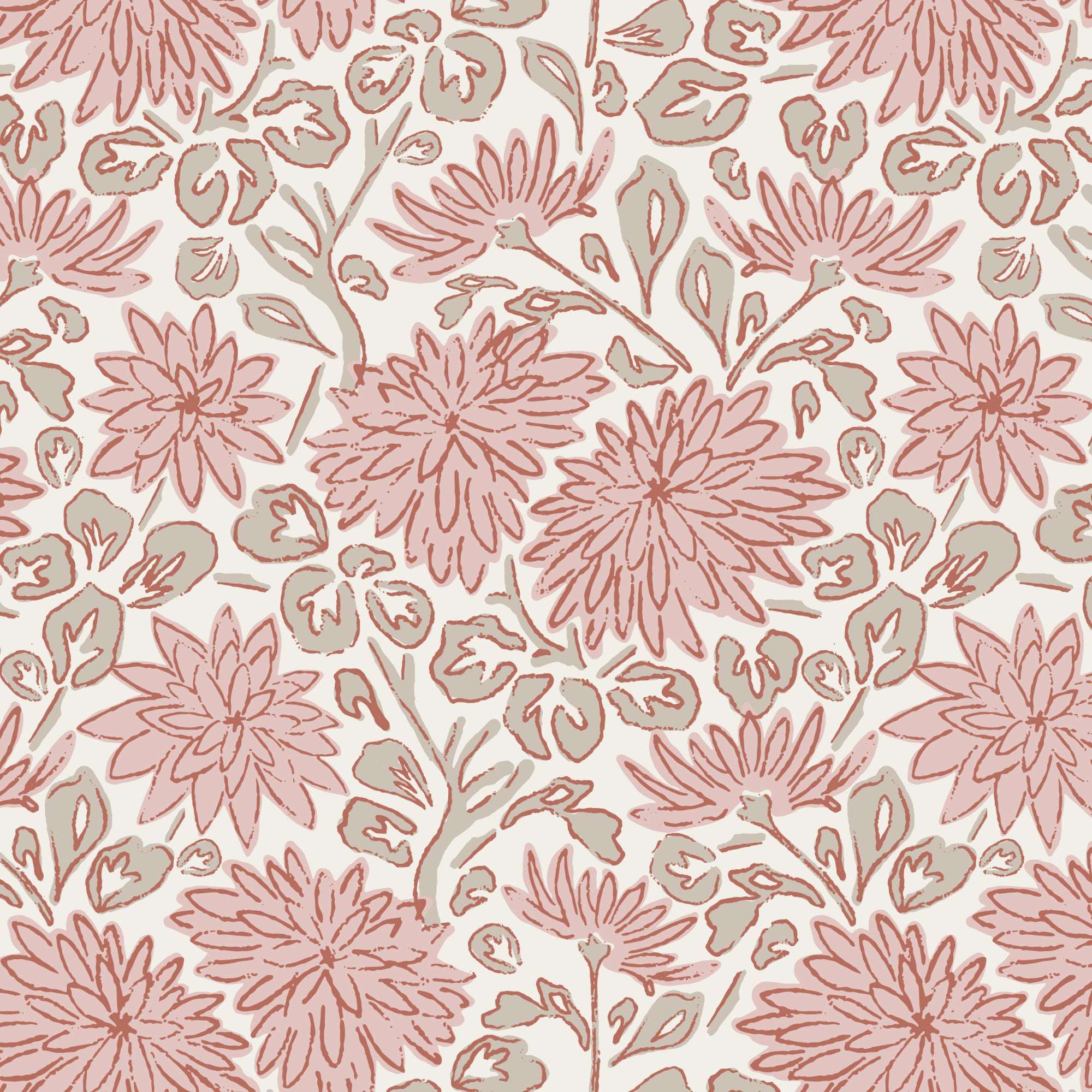 Pink sketchy floral wallpaper with large dahlias and leafy stems on pale ground