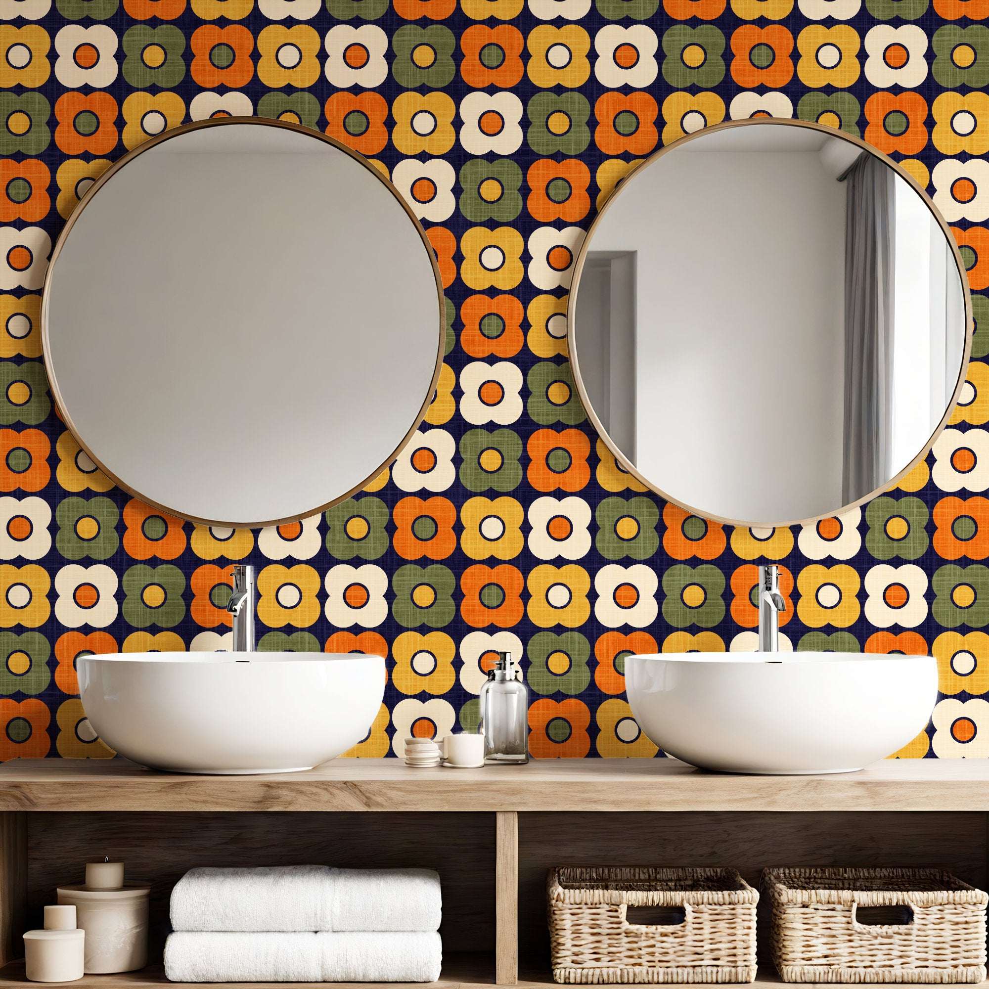 Retro daisy circle pattern wallpaper with navy, green, orange, pink accents and white circles.