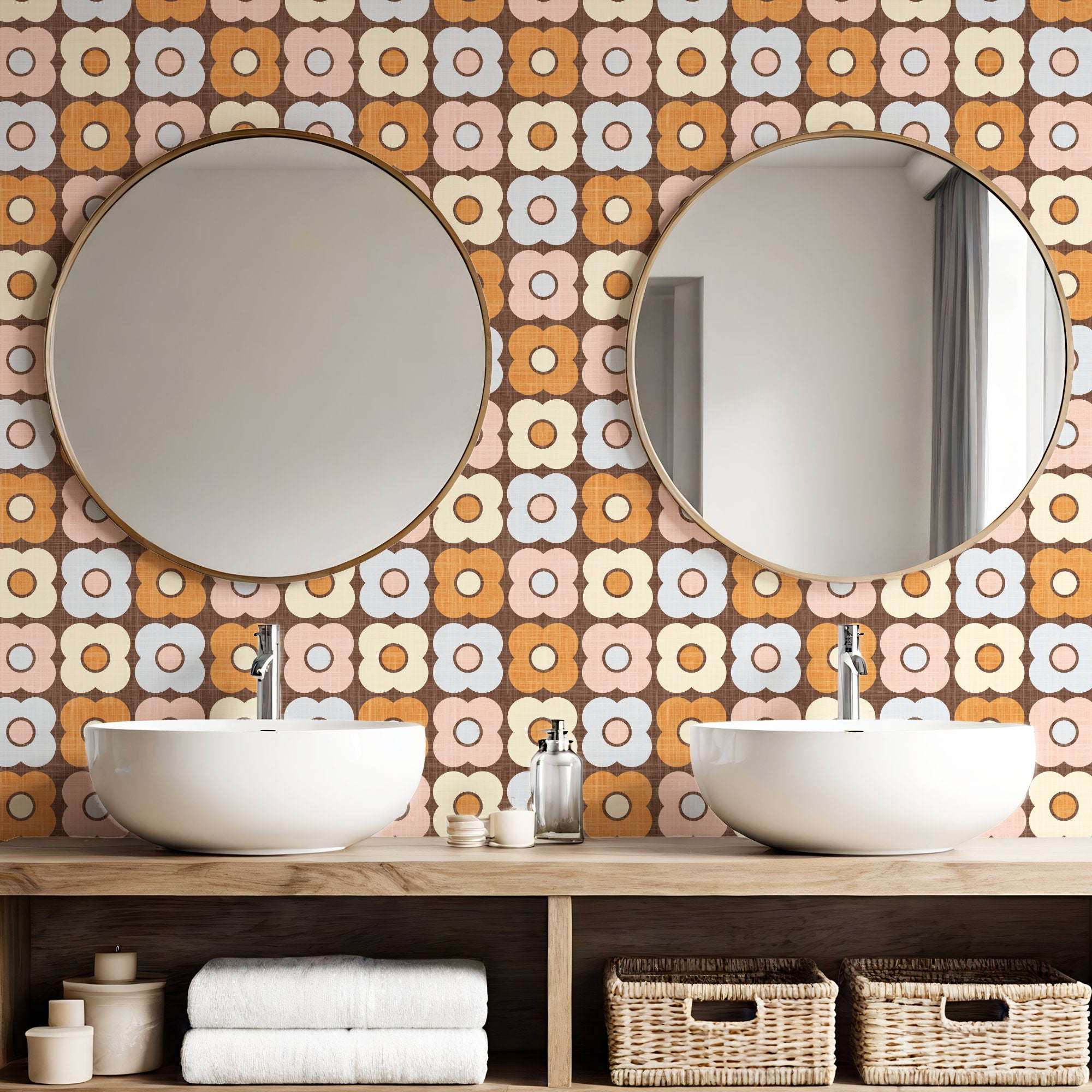 Retro daisy circle pattern wallpaper with navy and green tones plus orange and white repeating flowers.