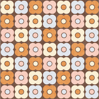 Pattern of 70s retro colorful flowers on a brown background