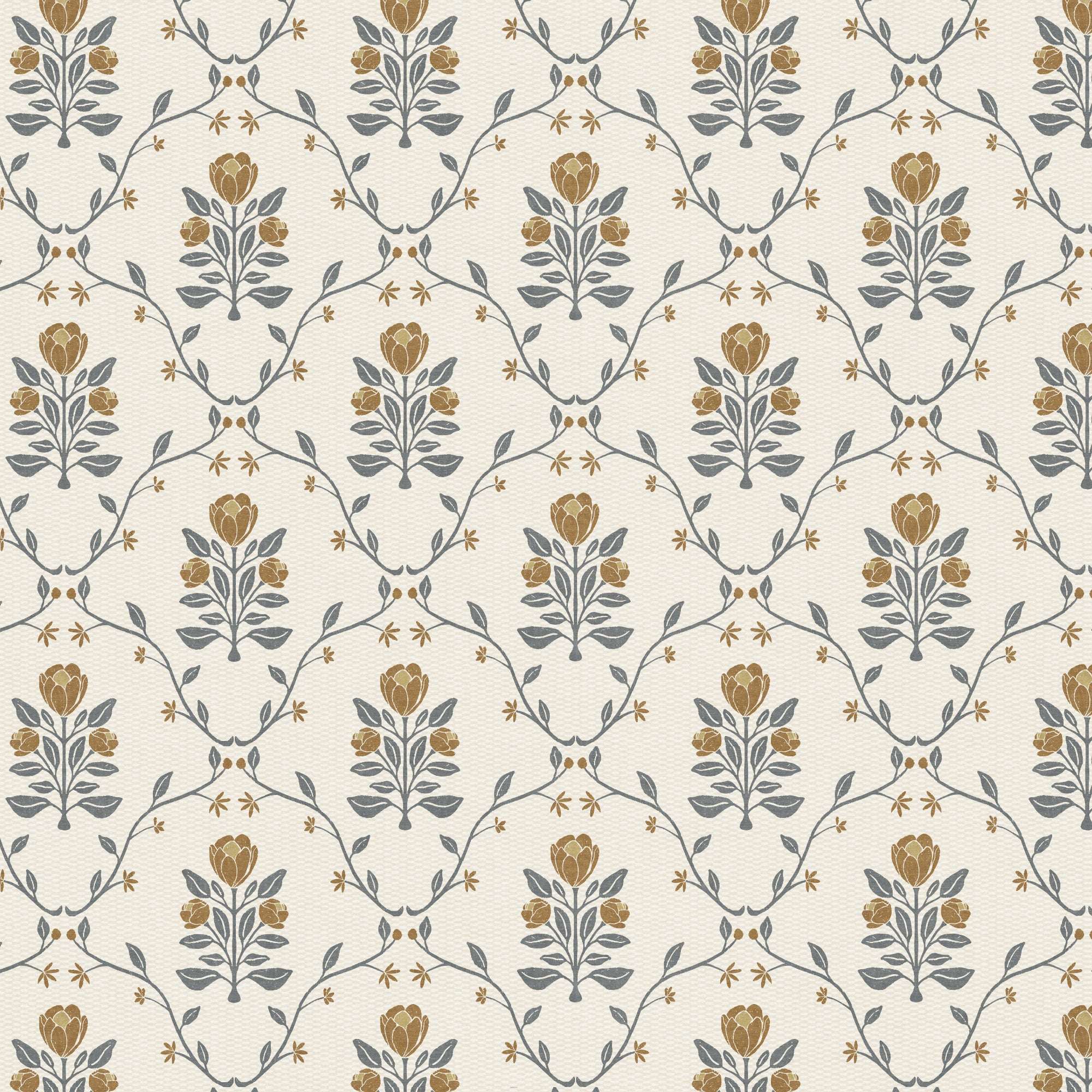 Botanical trellis wallpaper repeat pattern with cream background, blue-gray foliage, and tan blooms