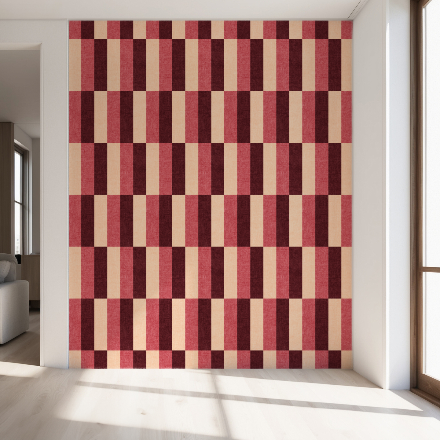 Apricot and Burgundy Retro Wide Striped Wallpaper feature wall in eclectic living room
