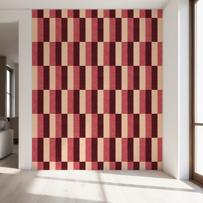 Apricot and Burgundy Retro Wide Striped Wallpaper feature wall in eclectic living room

