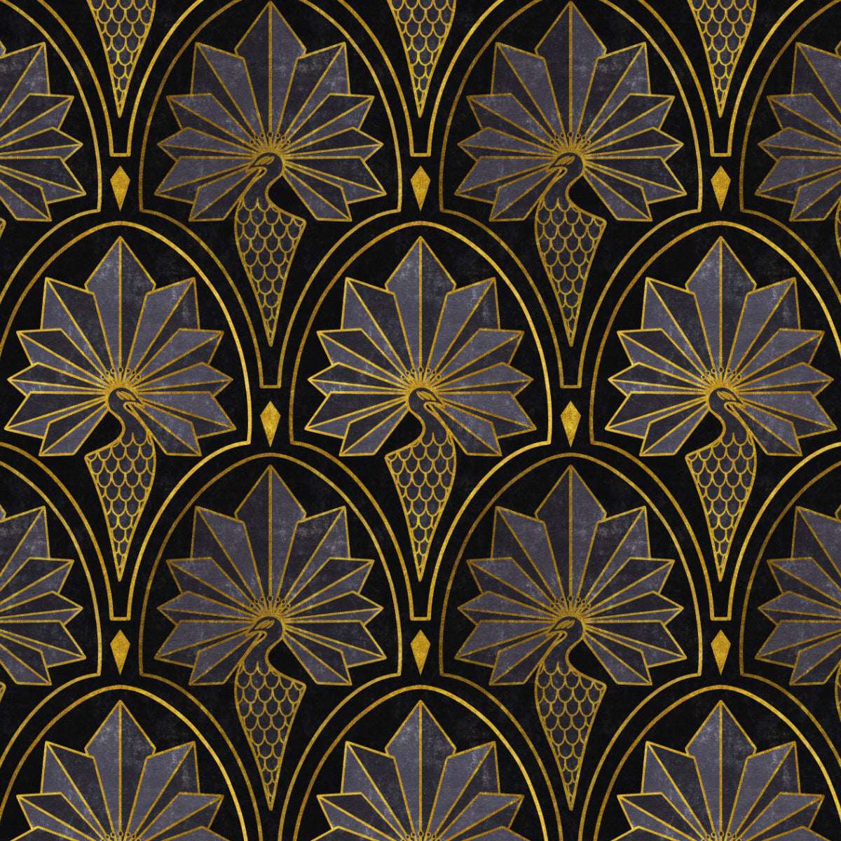 Peacock feather art deco wallpaper with gold fan motifs and dark blue repeating pattern