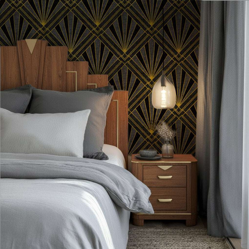 Geometric art deco wallpaper wall with gold sunburst fan rays and diamond lattice pattern