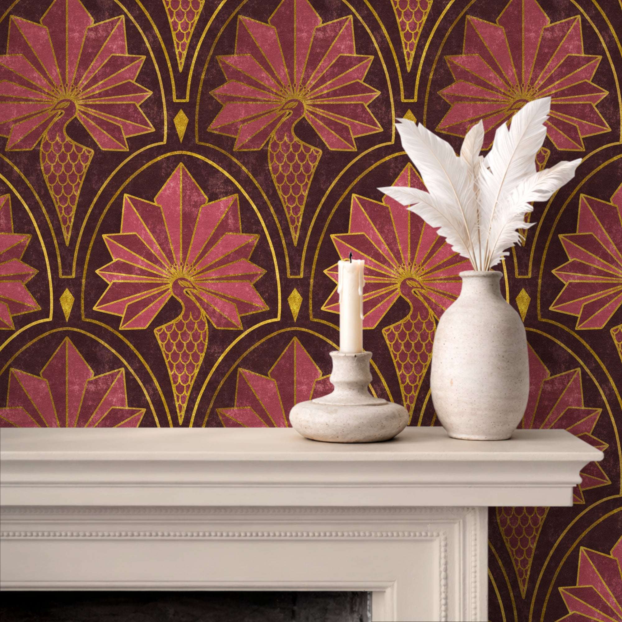 Peacock feather art deco wallpaper with gold fan motifs and pink-toned background