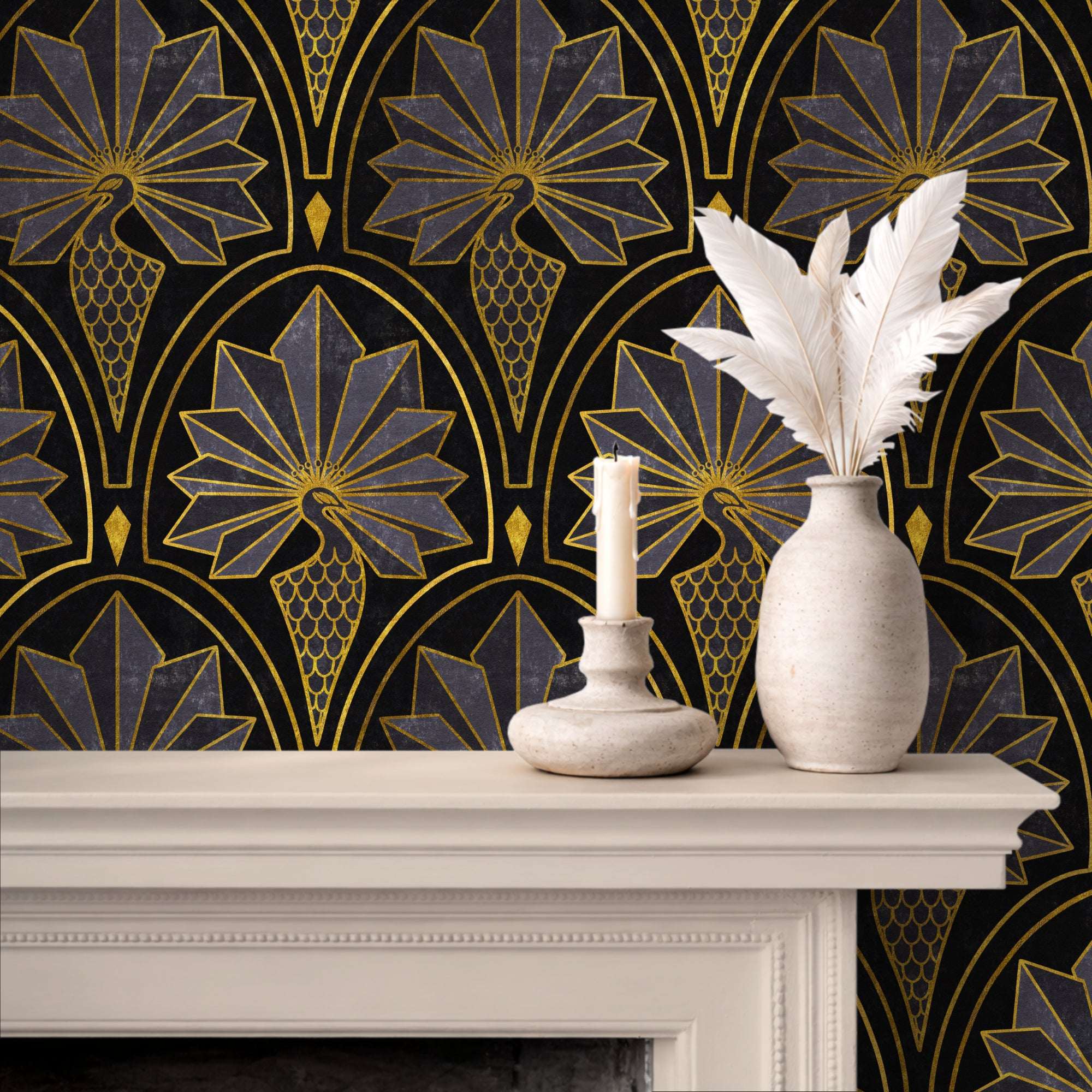 Peacock feather art deco wallpaper with gold geometric fan and dark blue background