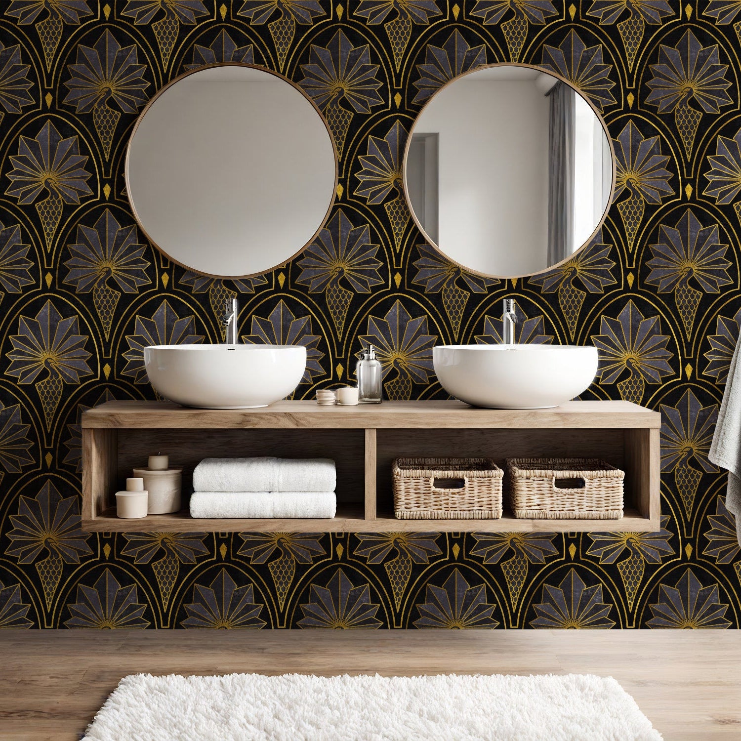 Art deco peacock wallpaper in black and gold hung in a bathroom with a his and hers sink