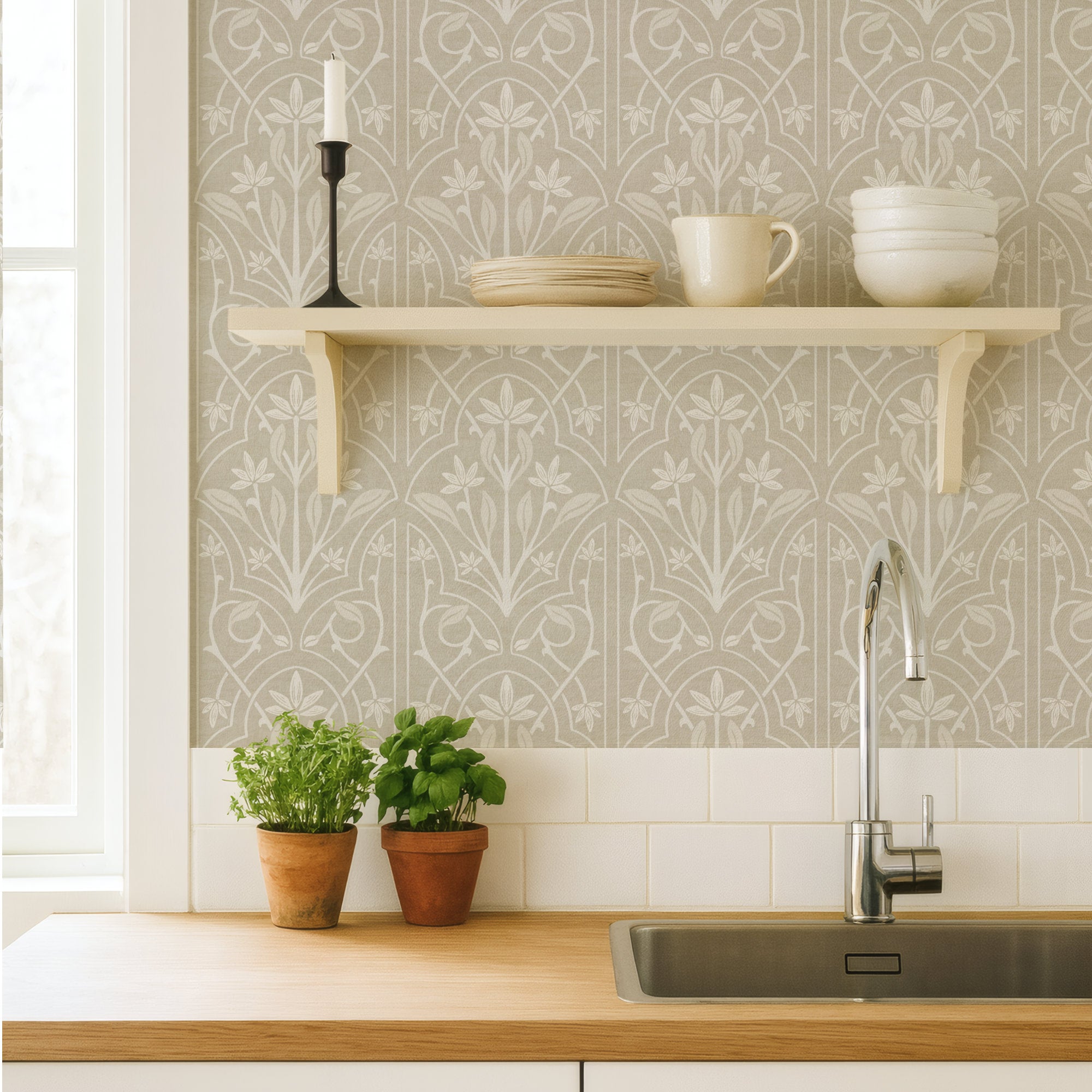 Beige and White Art Nouveau Trellis Wallpaper in a kitchen setting with potted herbs, shelf, and countertop.