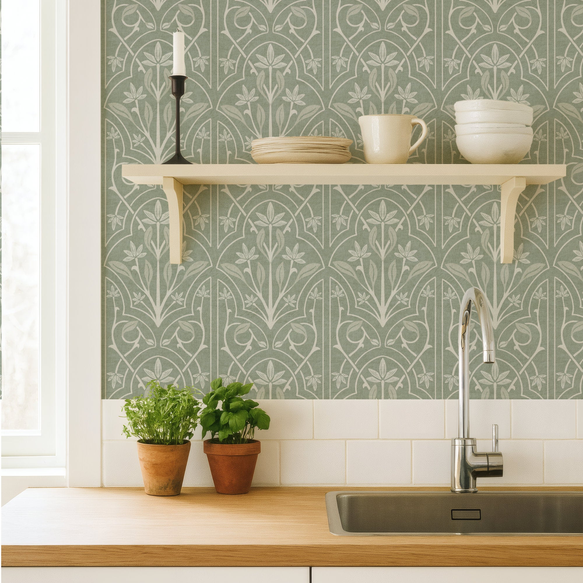 Green and White Art Nouveau Trellis Wallpaper in a kitchen setting with potted herbs, shelf, and countertop.