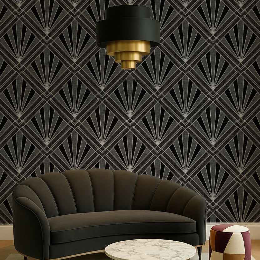 Art Deco Sunburst Diamond Wallpaper | Silver Geometric Design in Four Colours