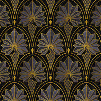 Art deco peacock wallpaper pattern in black, gold, and grey with geometric fan motifs