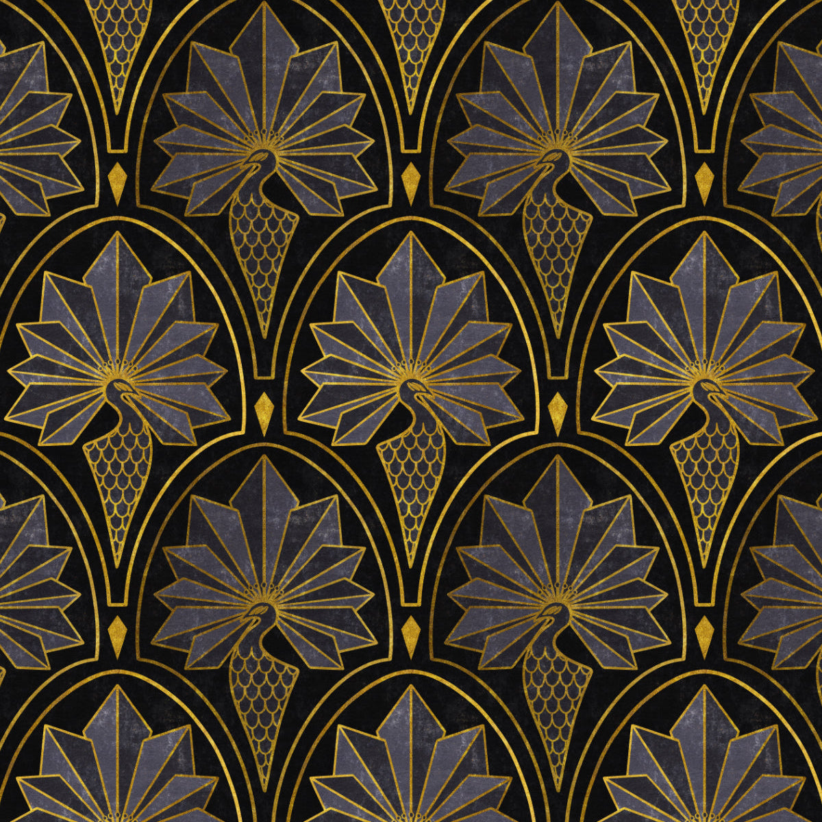 Art Deco peacock wallpaper black and gold feather motif close up pattern detail