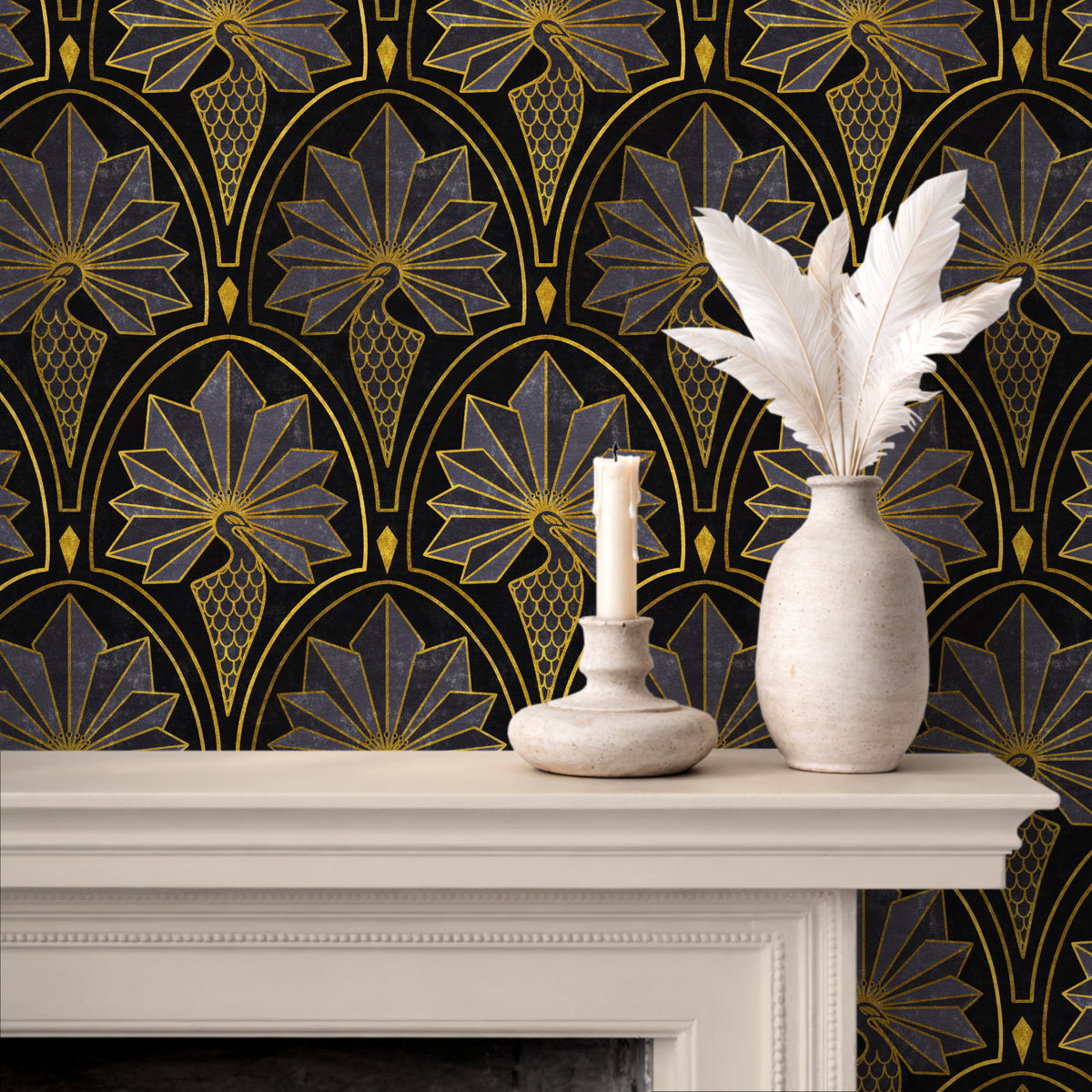 Art Deco peacock wallpaper in black and gold feather pattern on fireplace wall with white decor