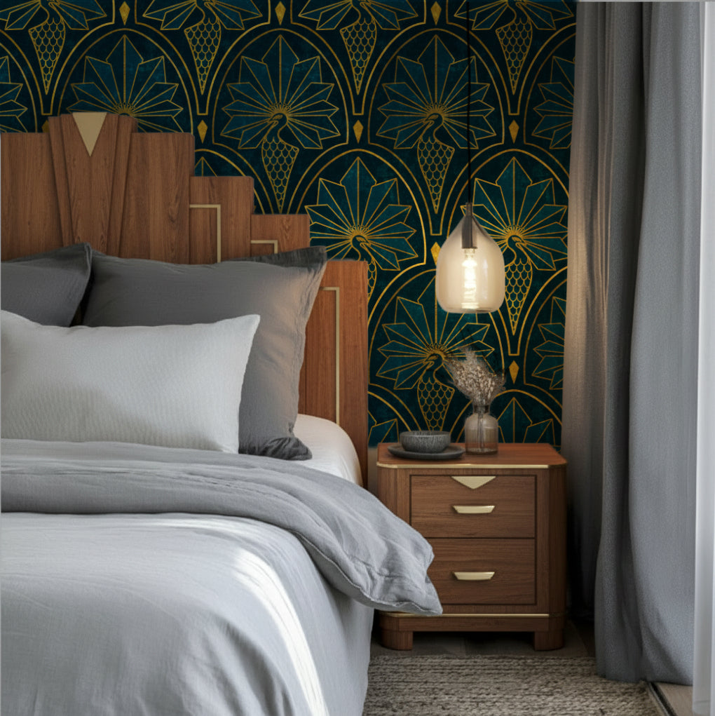 1920s style bedroom with art deco peacock wallpaper in gold and teal, wooden headboard, and nightstand.