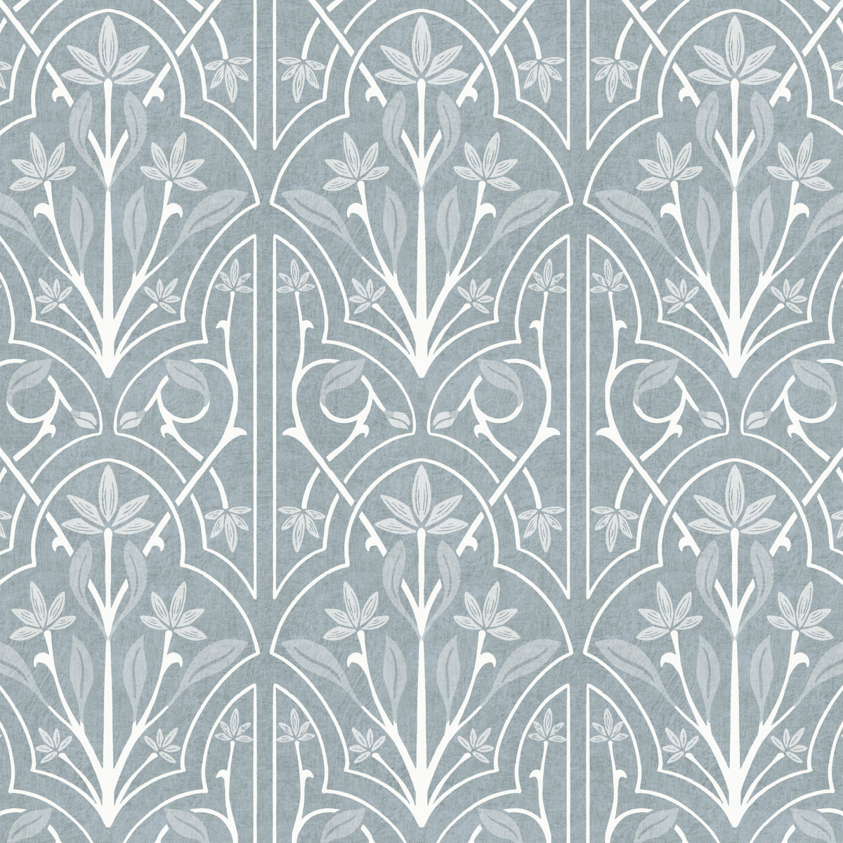 Art nouveau floral trellis wallpaper pattern detail in duck egg blue with linen texture