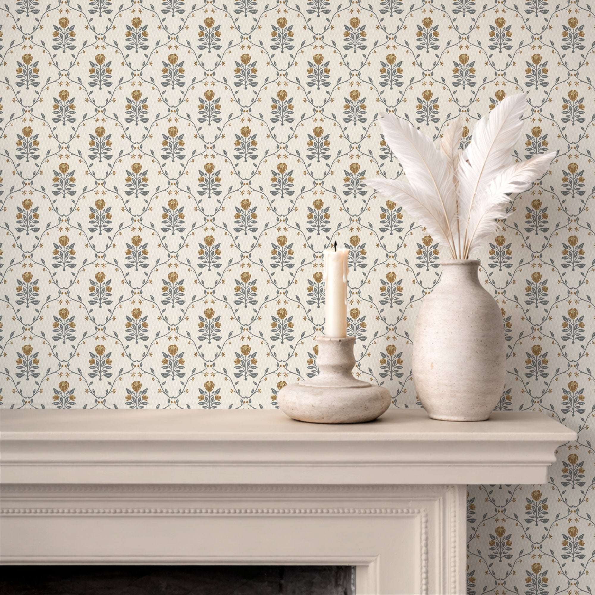 Botanical trellis wallpaper on wall with cream background, blue-gray leaves, and mustard flowers