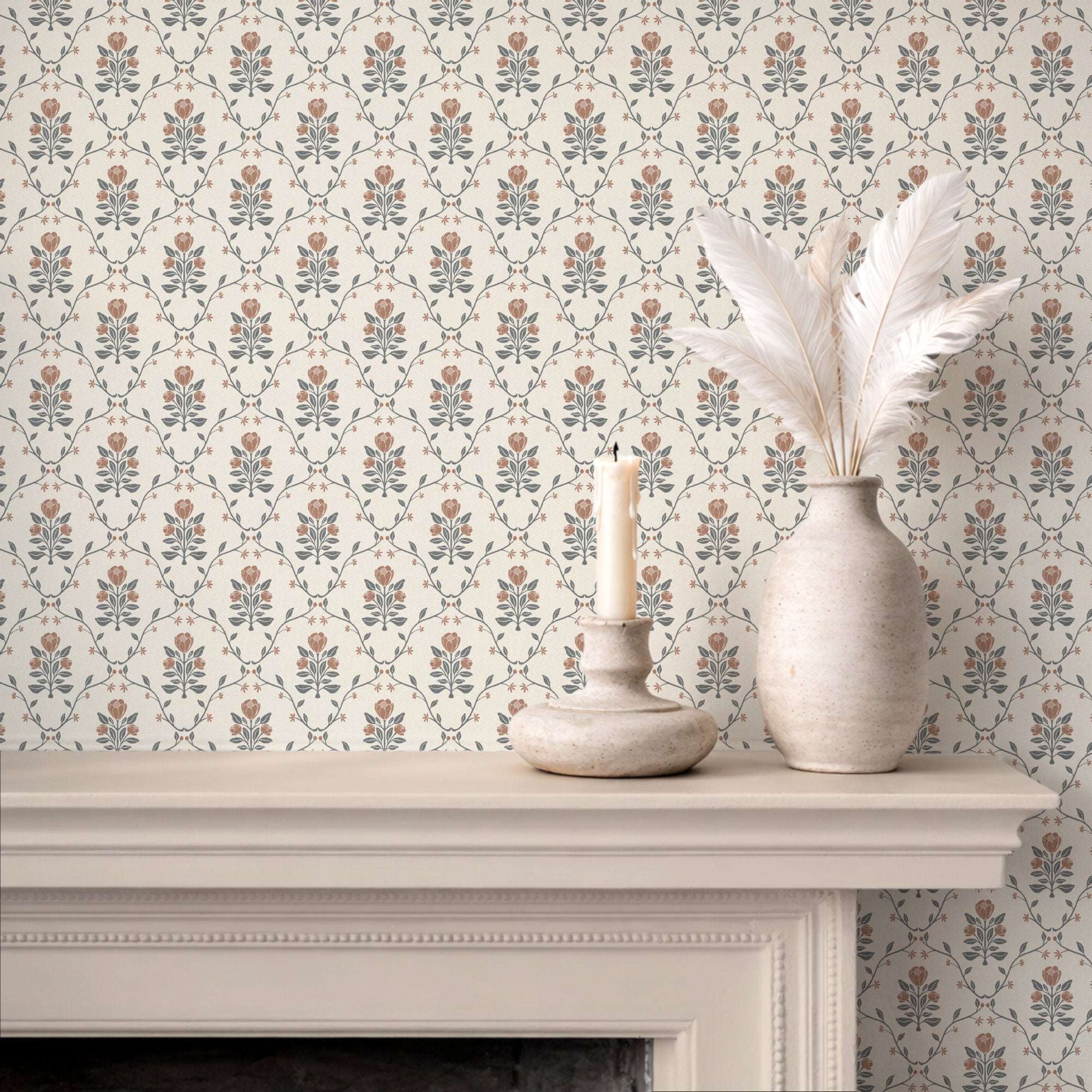 Botanical trellis wallpaper on wall with cream background, blue-gray stems, and tan floral accents