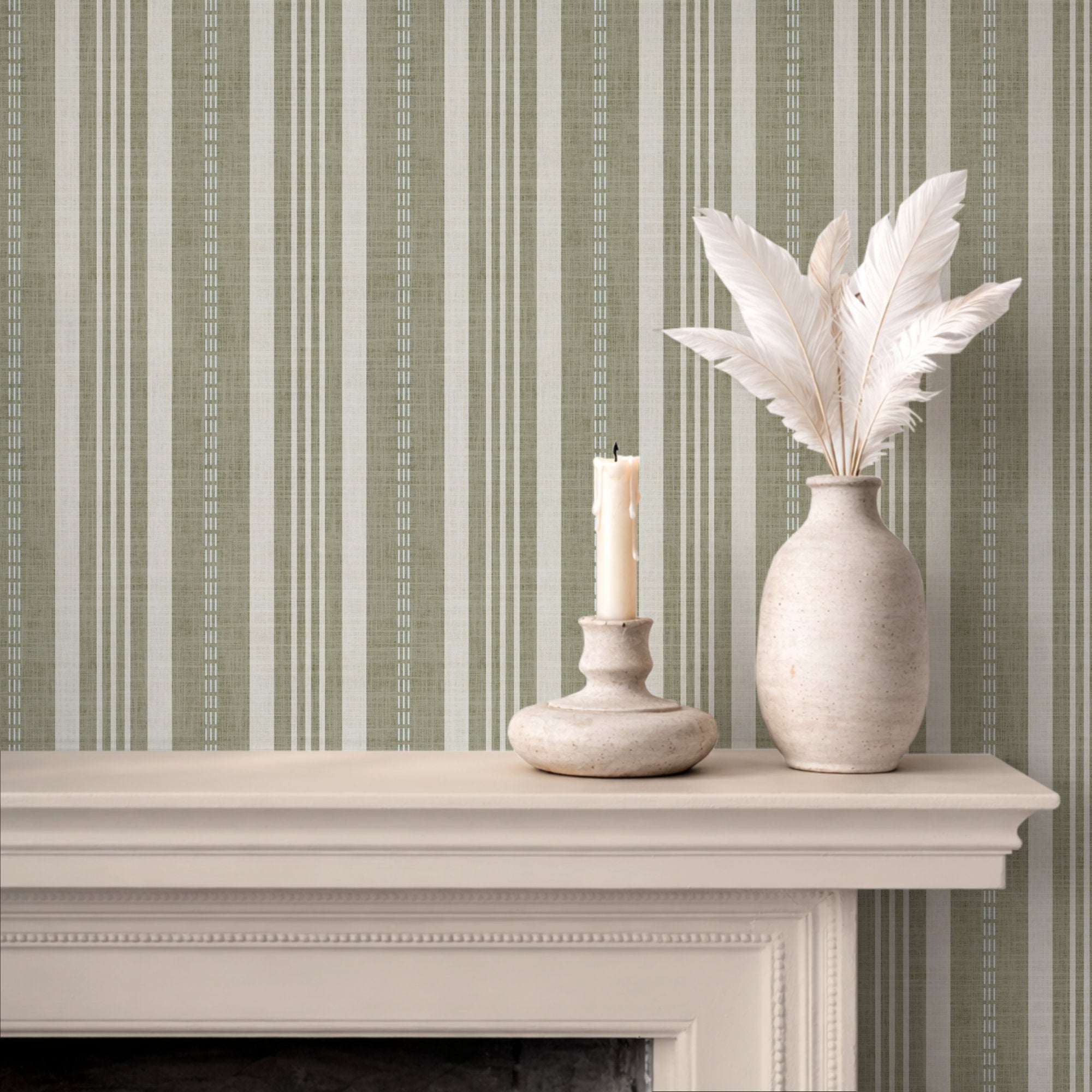 Vertical ticking stripe wallpaper in sage green and cream with narrow white lines and dots