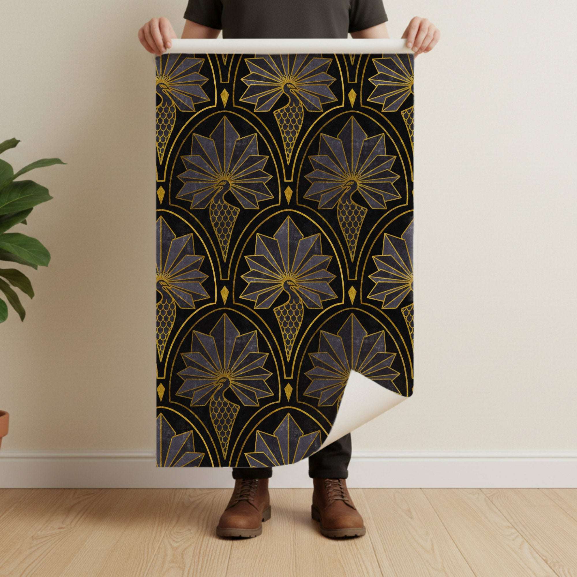 Peacock feather art deco wallpaper sheet with gold geometric fan and dark blue ground