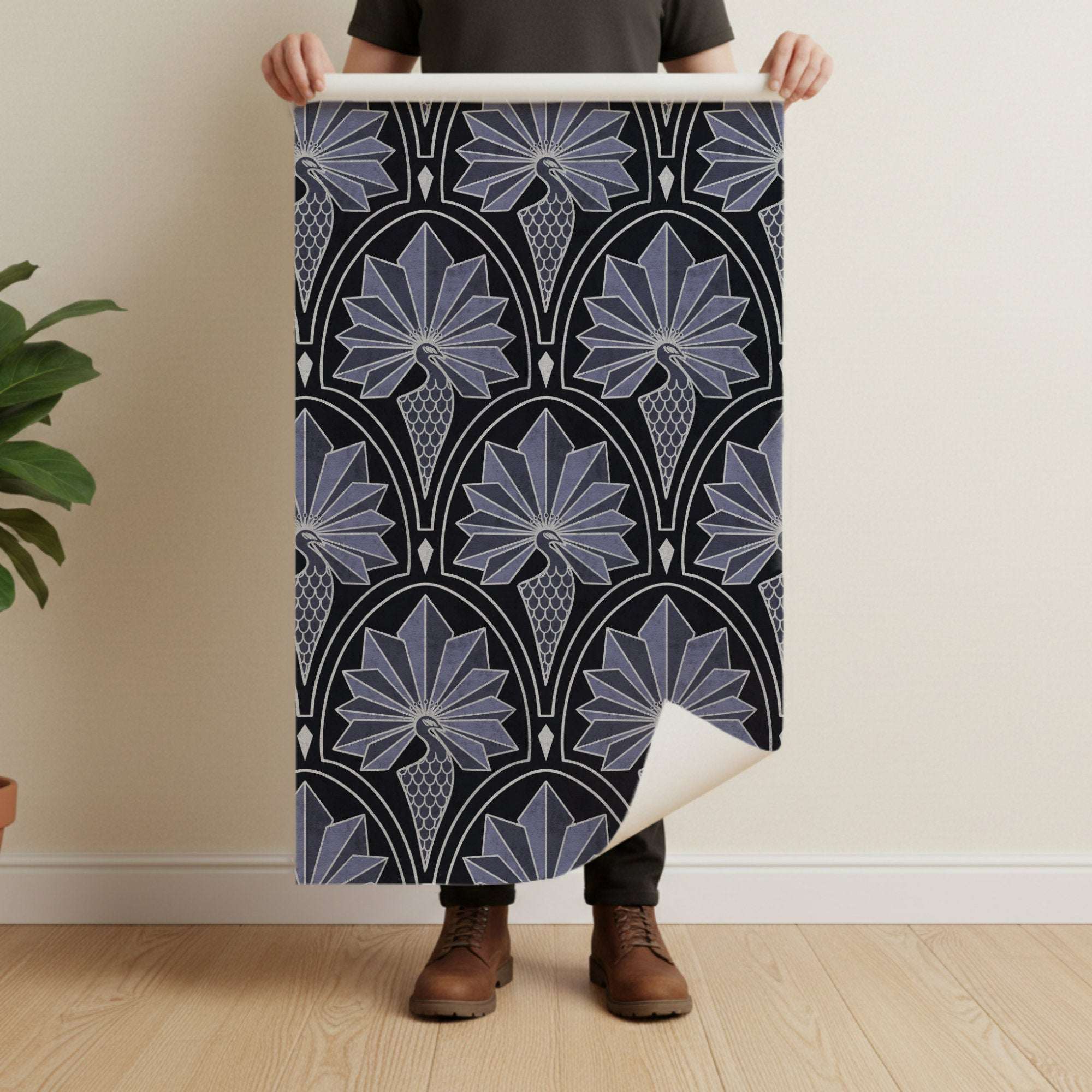 Art Deco wallpaper sheet featuring peacock feather and fan motifs on dark background with light gray lines.