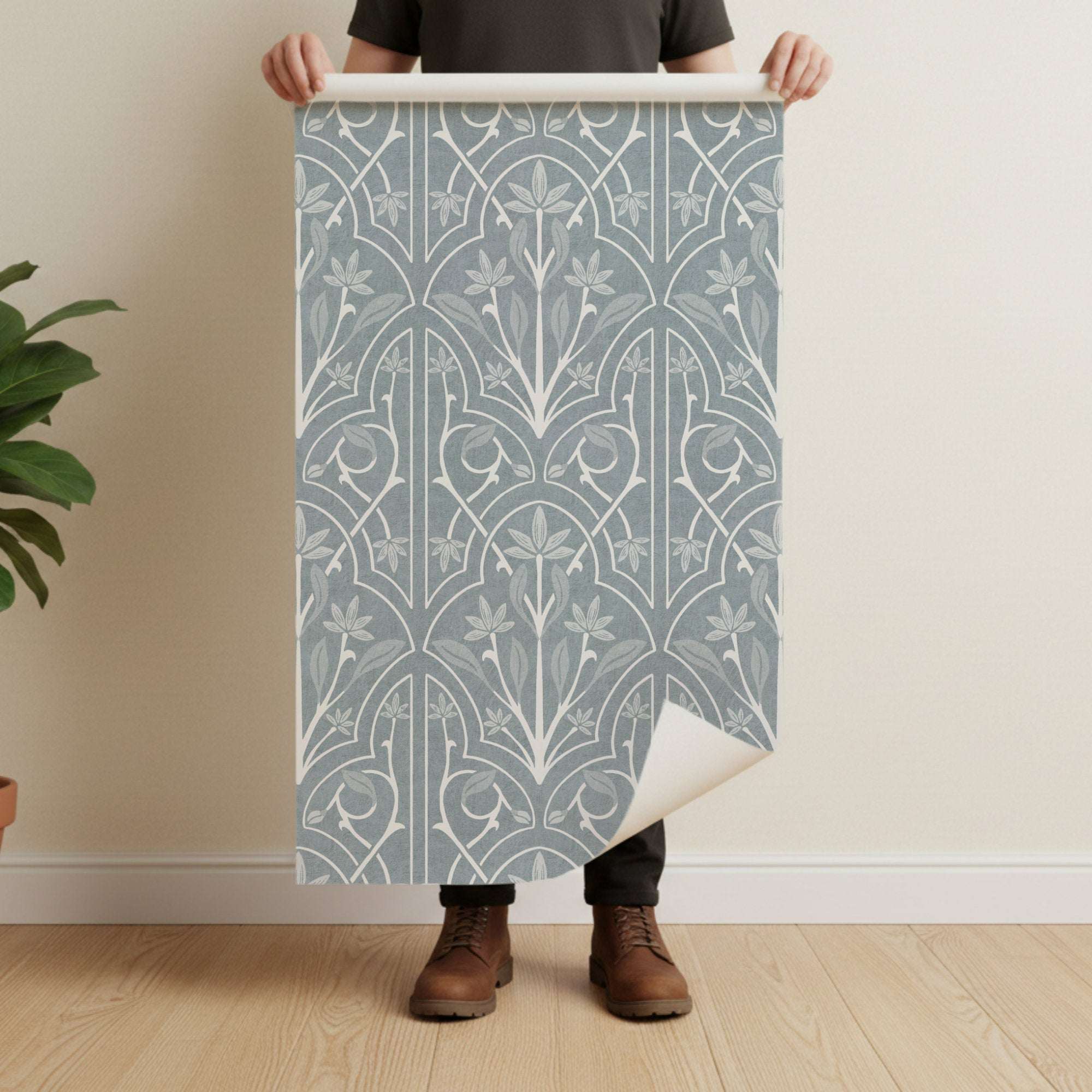 Beige floral trellis wallpaper with repeating art nouveau leaf fans and vine outlines