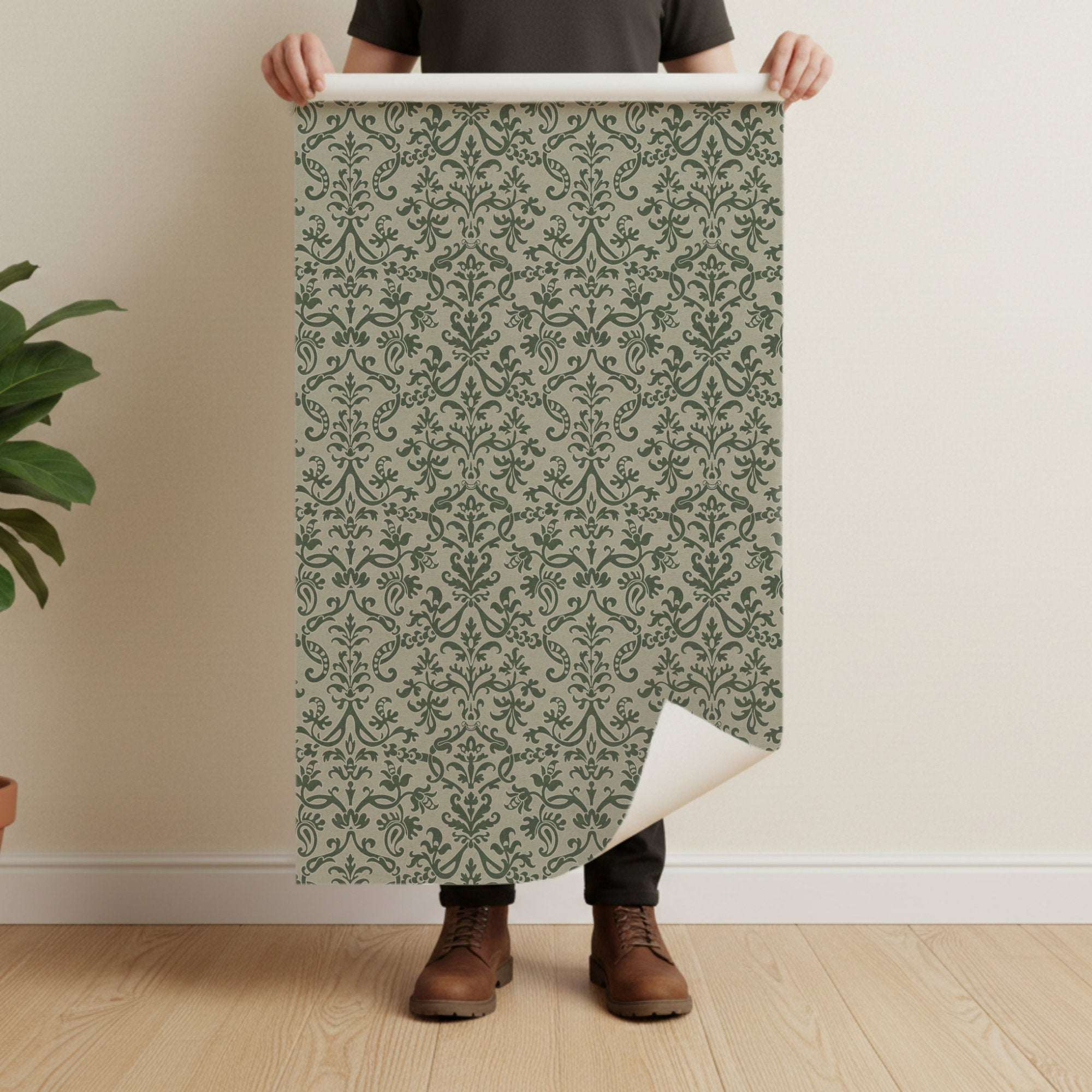 Floral damask wallpaper sheet in green with repeating ornamental scroll pattern