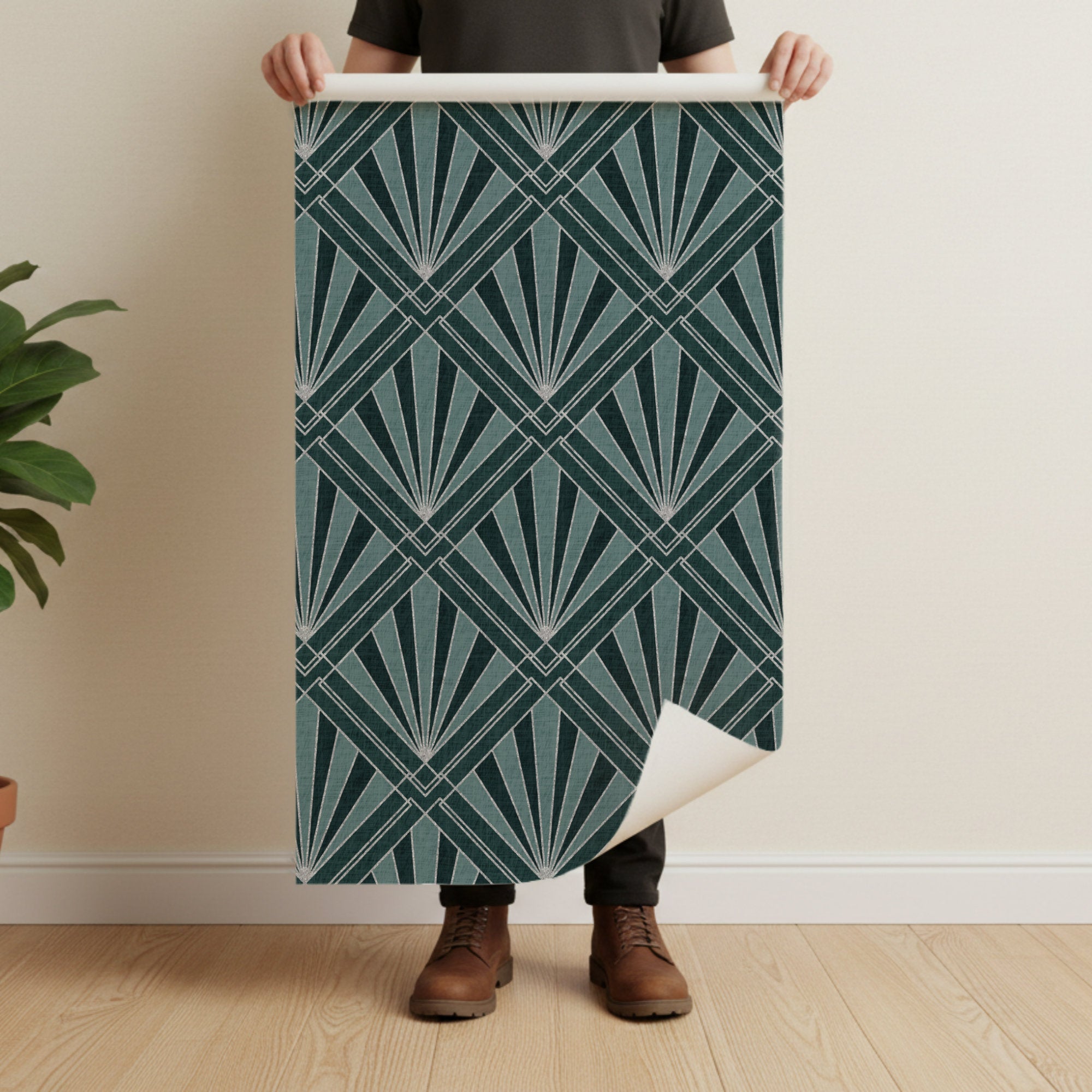 Teal geometric sunburst wallpaper sheet with silver fan rays and diamond lattice