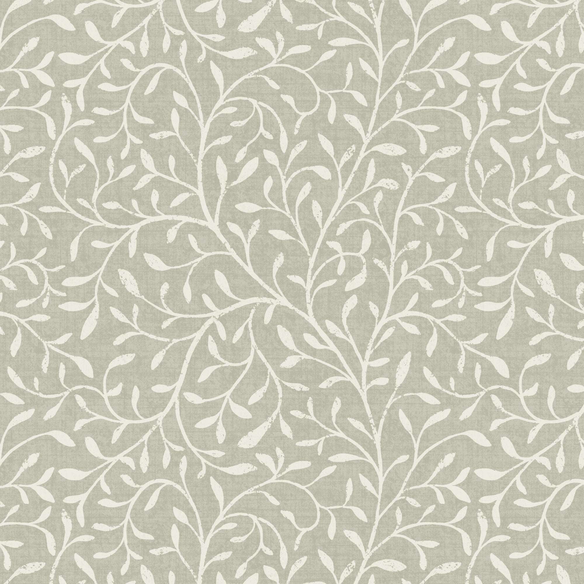 Botanical leaf silhouette wallpaper with white vine pattern on sage gray background