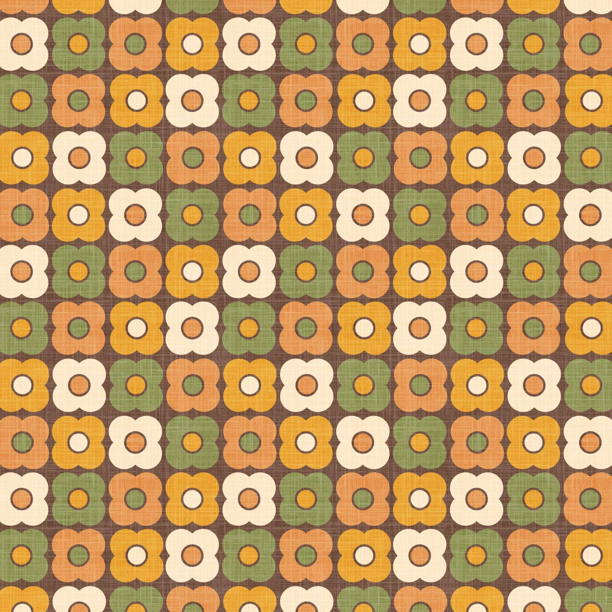 Retro daisy circle pattern wallpaper close-up with green, orange, white and dark repeats.