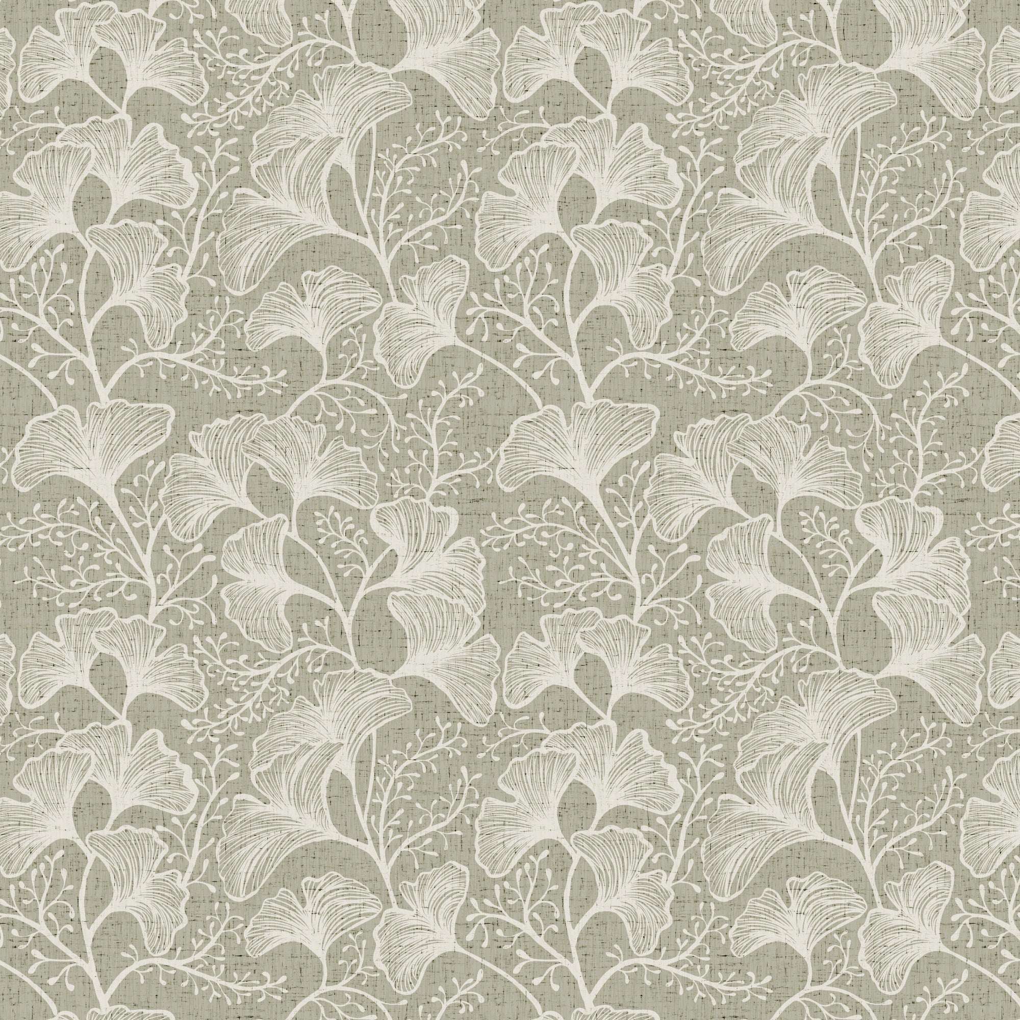 Sage green ginkgo leaf wallpaper with white botanical repeat pattern.