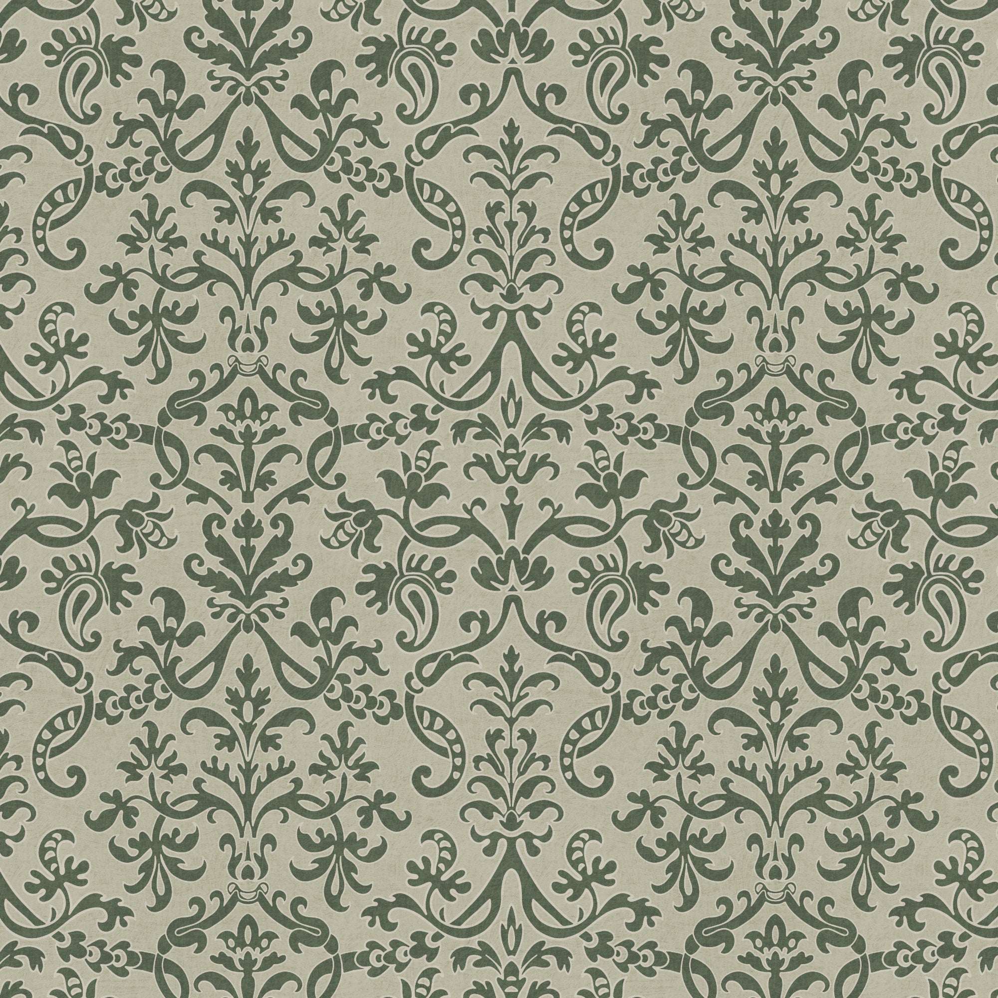 Floral damask wallpaper in green with repeating ornate scrollwork