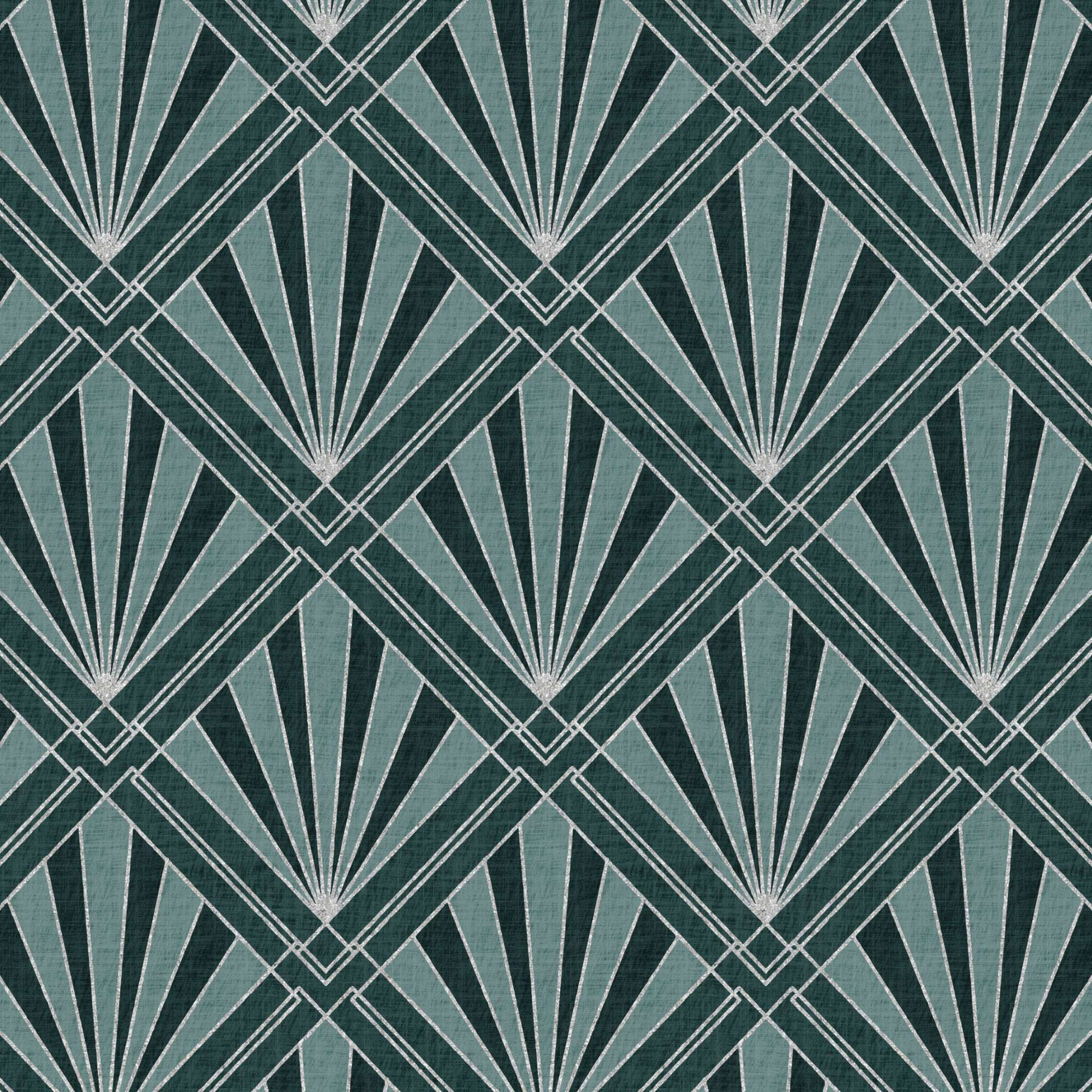 Teal geometric wallpaper with silver fan rays, diamond lattice, and repeating sunburst motif
