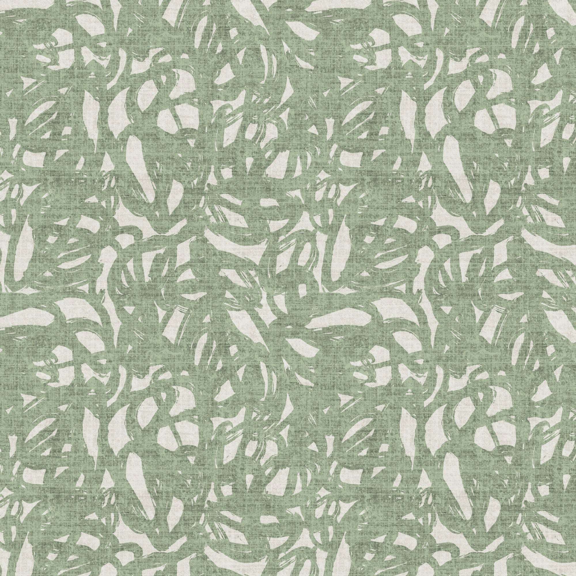 Green abstract wallpaper with dense white brushstroke shapes, repeat pattern